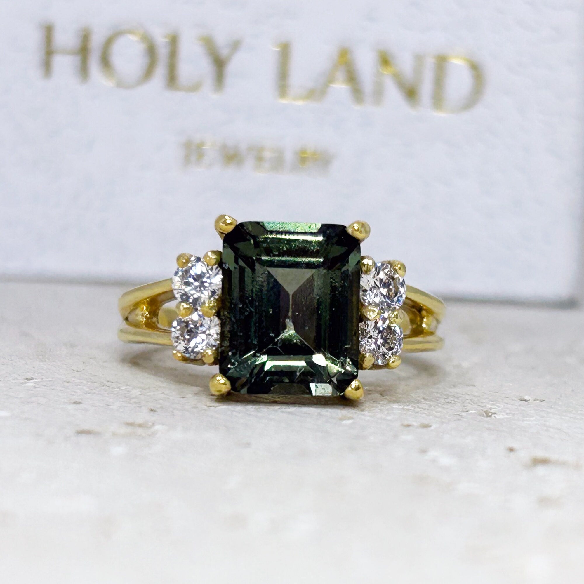 Green Tourmaline Ring - Statement Engagement Ring with Emerald Cut Green Tourmaline Gemstone and Clear Quartz Accents - H.L.Jewelry