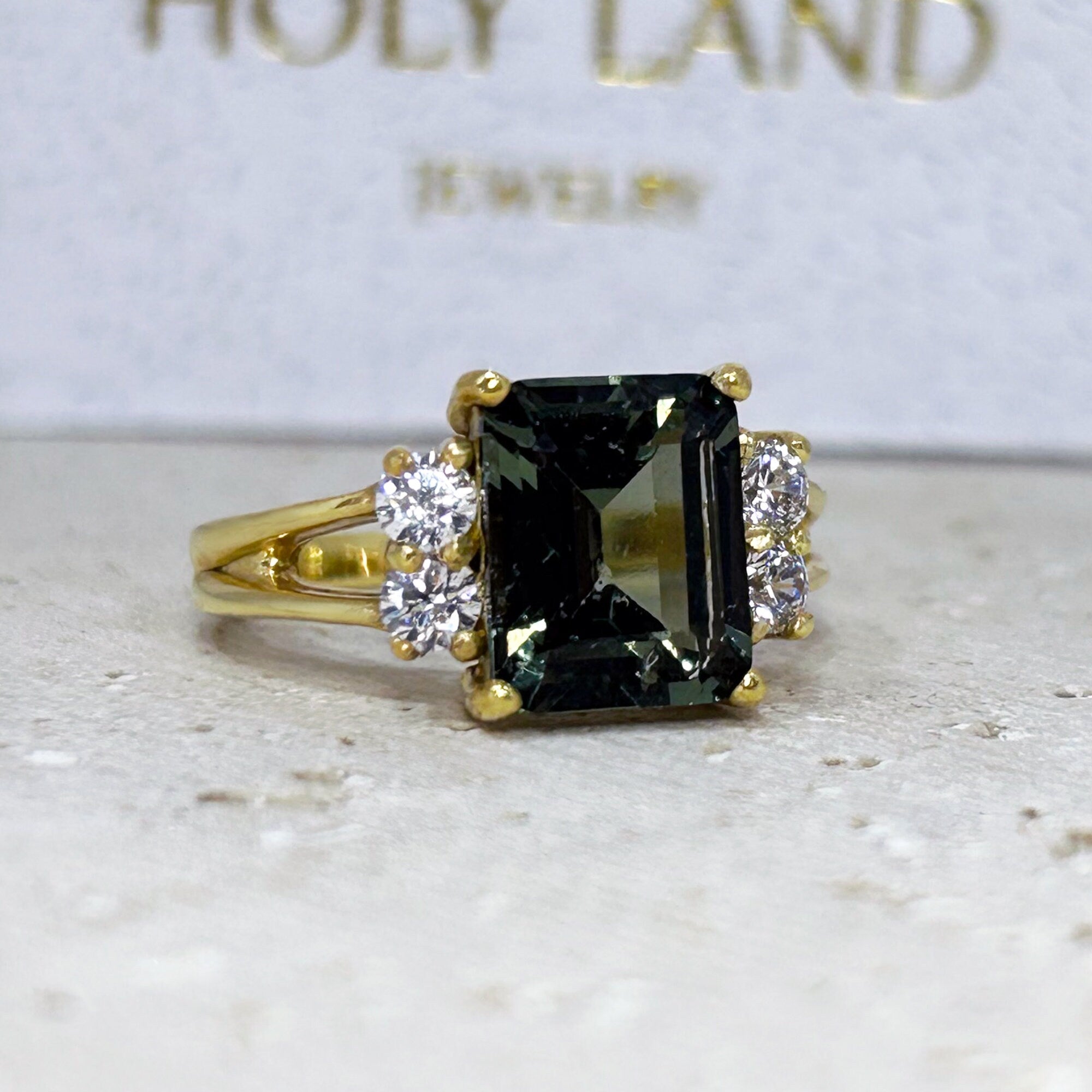 Green Tourmaline Ring - Statement Engagement Ring with Emerald Cut Green Tourmaline Gemstone and Clear Quartz Accents - H.L.Jewelry