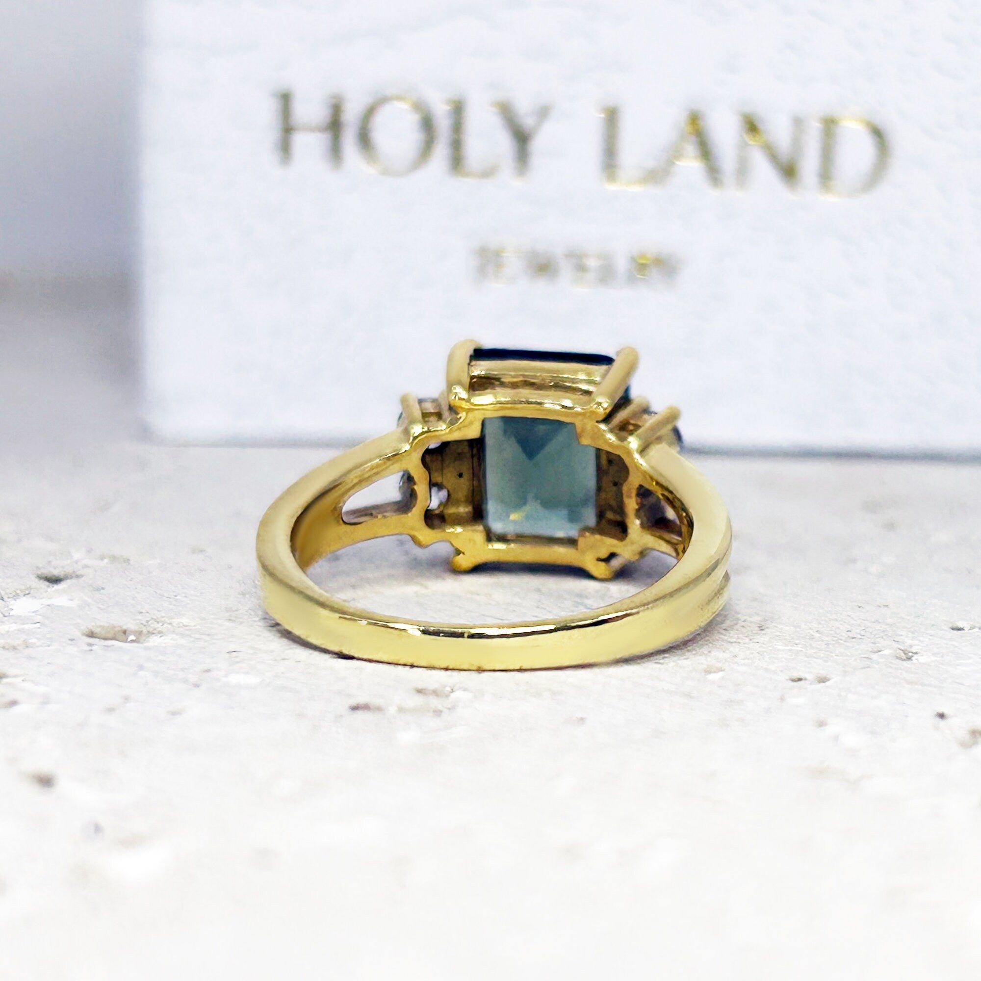 Green Tourmaline Ring - Statement Engagement Ring with Emerald Cut Green Tourmaline Gemstone and Clear Quartz Accents - H.L.Jewelry