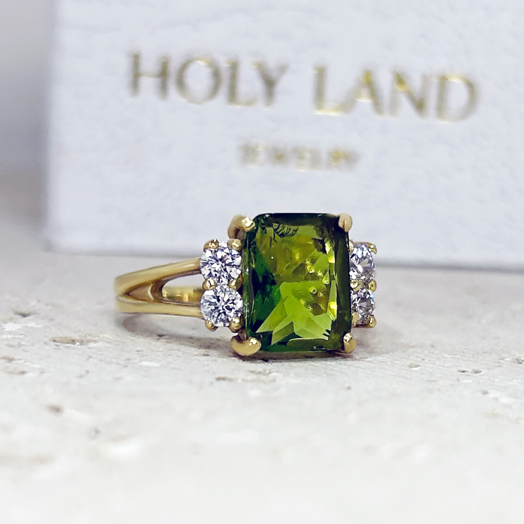 Peridot Ring - August Birthstone Jewelry - Statement Engagement Ring with Octagon Peridot Gemstone and Clear Quartz Accents - H.L.Jewelry