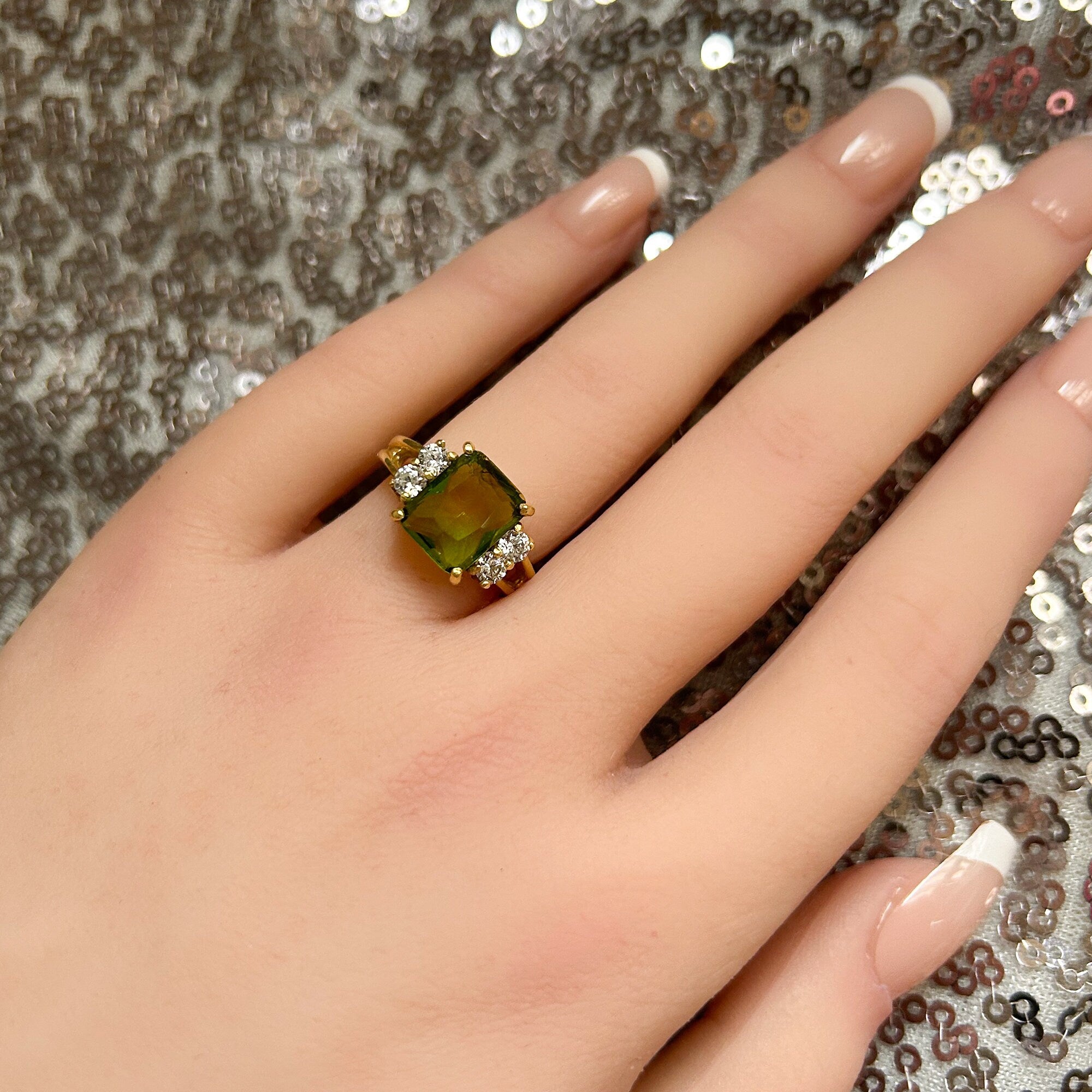 Peridot Ring - August Birthstone Jewelry - Statement Engagement Ring with Octagon Peridot Gemstone and Clear Quartz Accents - H.L.Jewelry