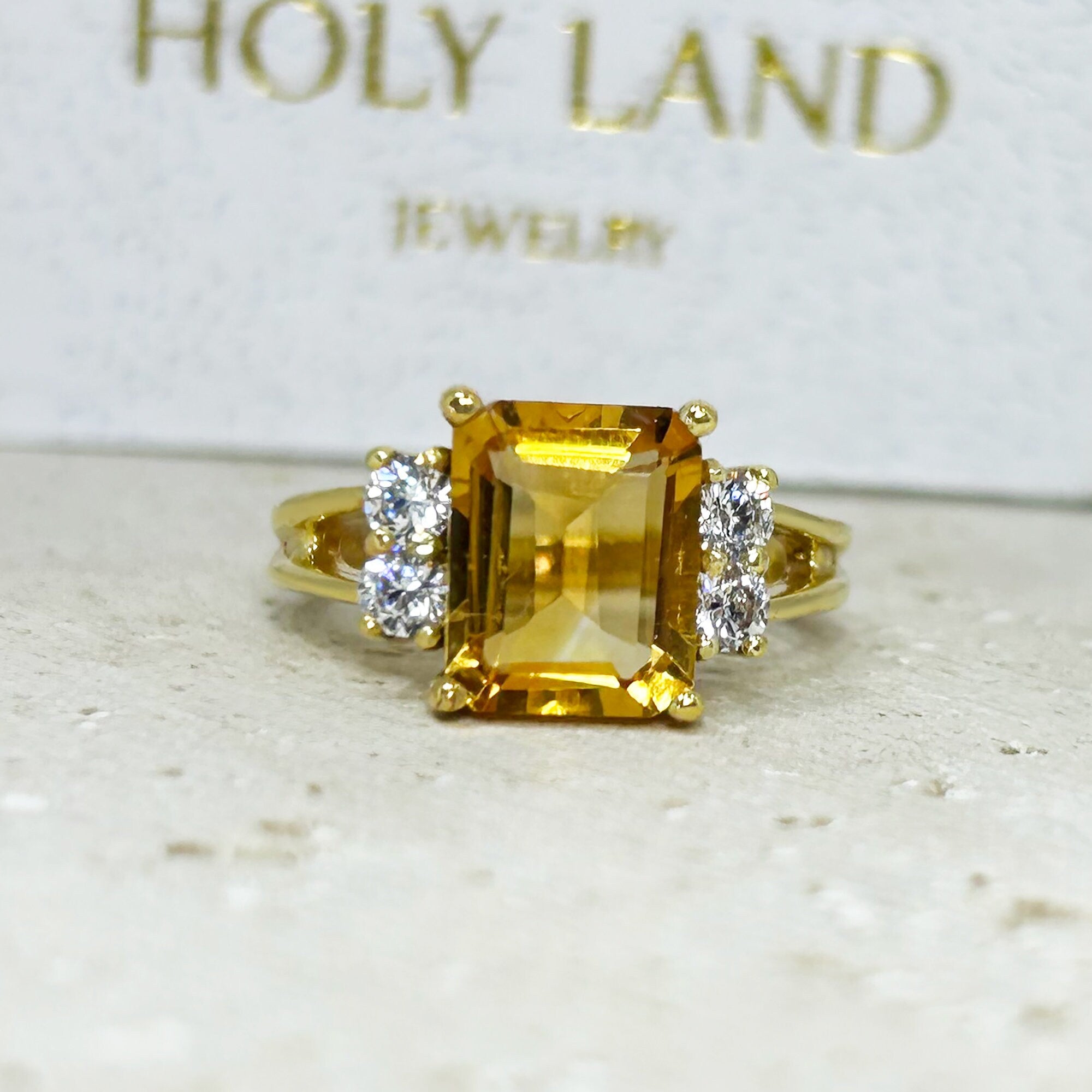 Citrine ring - November Birthstone Jewelry - Octagon Citrine Gemstone Statement Engagement Ring with Clear Quartz Accents - H.L.Jewelry