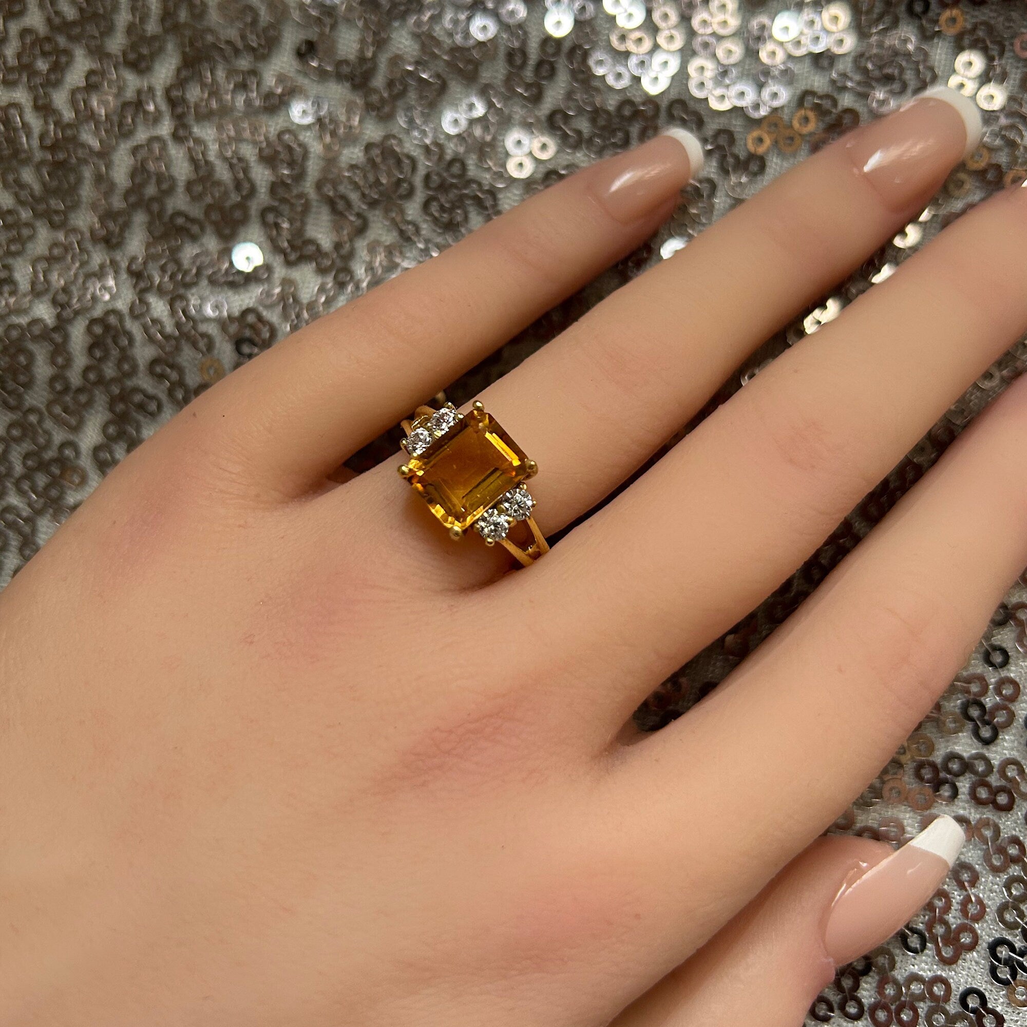 Citrine ring - November Birthstone Jewelry - Octagon Citrine Gemstone Statement Engagement Ring with Clear Quartz Accents - H.L.Jewelry