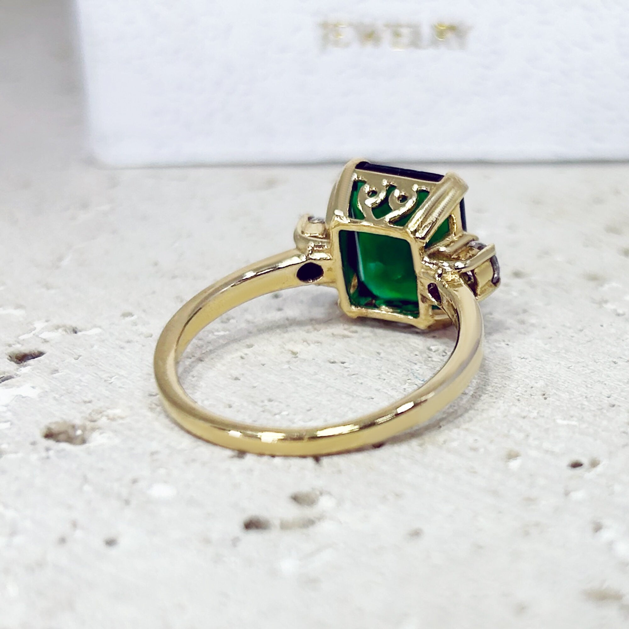 Emerald Ring - May Birthstone - Statement Engagement Ring with Octagon Emerald Gemstone and Clear Quartz Accents - H.L.Jewelry