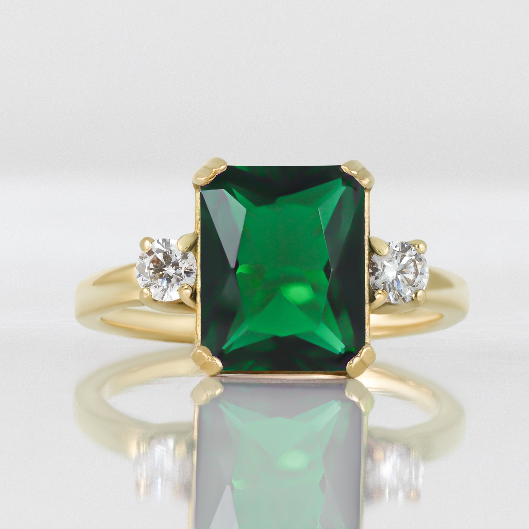 Emerald Ring - May Birthstone - Statement Engagement Ring with Octagon Emerald Gemstone and Clear Quartz Accents - H.L.Jewelry