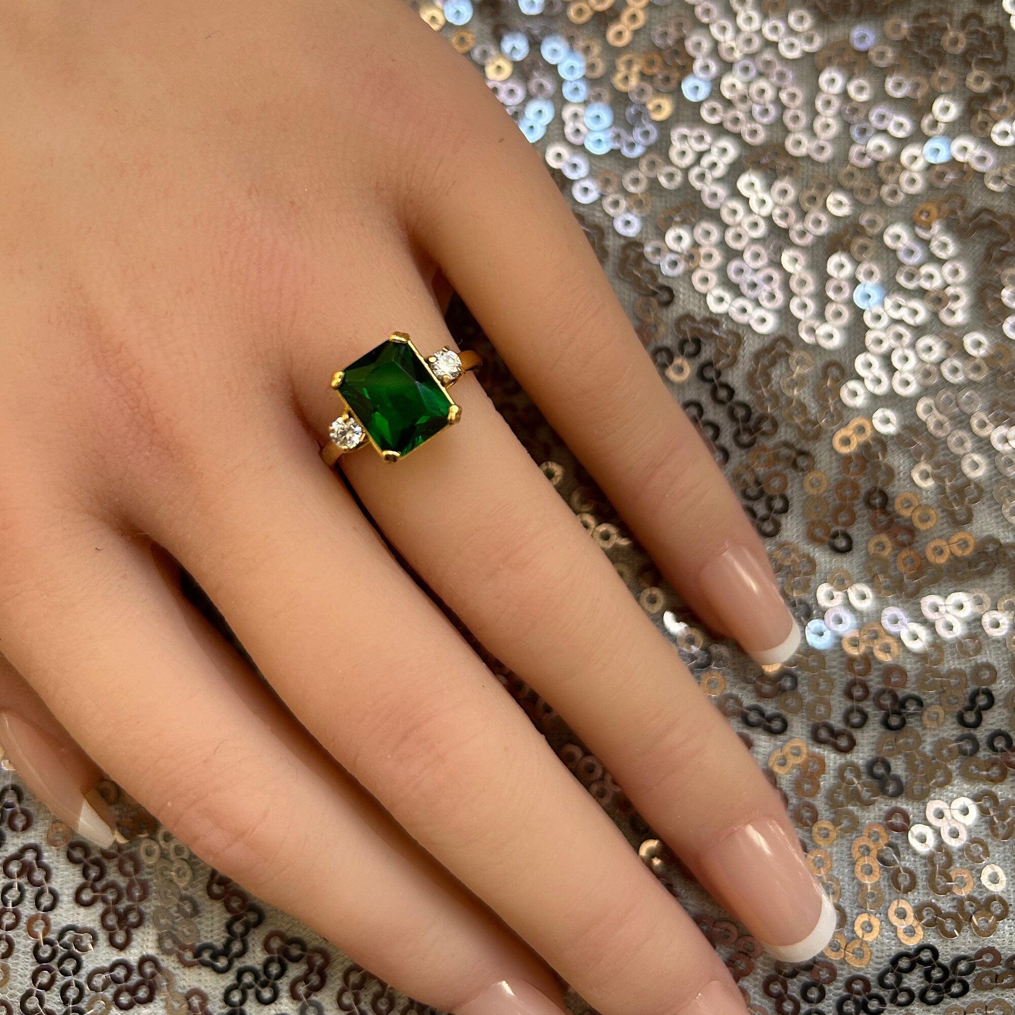 Emerald Ring - May Birthstone - Statement Engagement Ring with Octagon Emerald Gemstone and Clear Quartz Accents - H.L.Jewelry