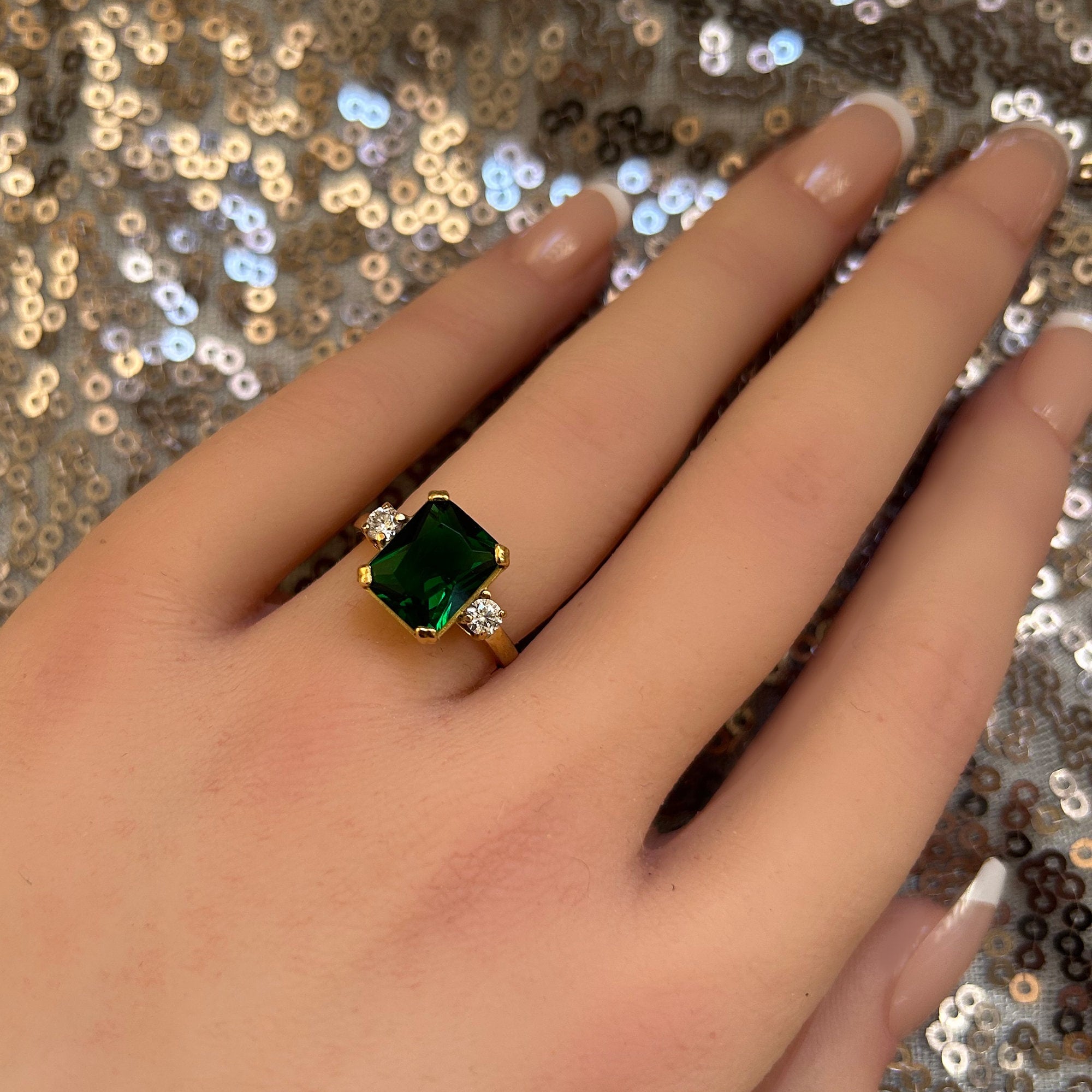 Emerald Ring - May Birthstone - Statement Engagement Ring with Octagon Emerald Gemstone and Clear Quartz Accents - H.L.Jewelry