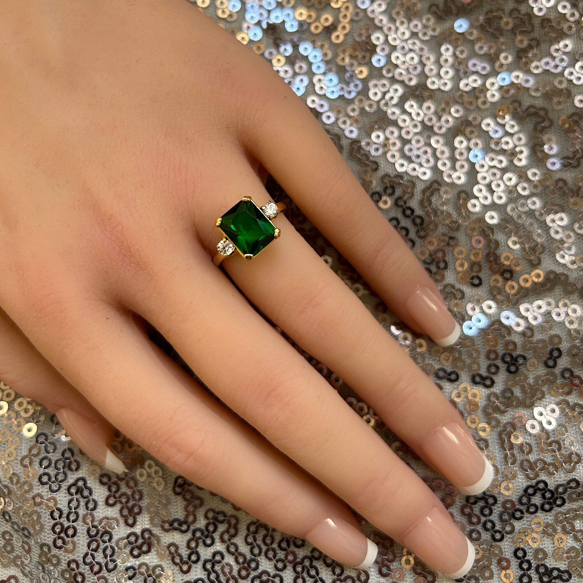 Emerald Ring - May Birthstone - Statement Engagement Ring with Octagon Emerald Gemstone and Clear Quartz Accents - H.L.Jewelry