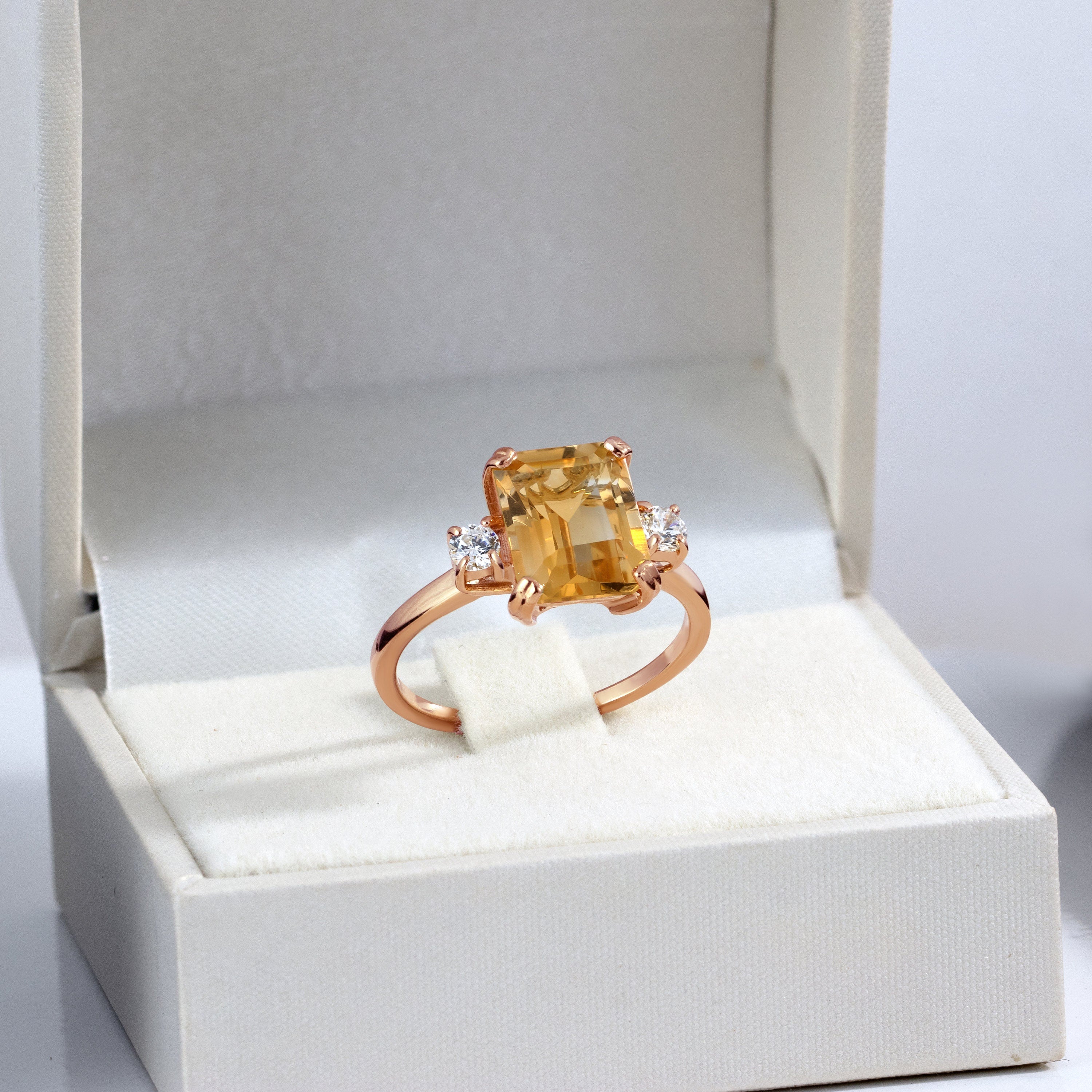 Citrine ring - November Birthstone - Octagon Citrine Gemstone Statement Engagement Ring with Clear Quartz Accents - H.L.Jewelry