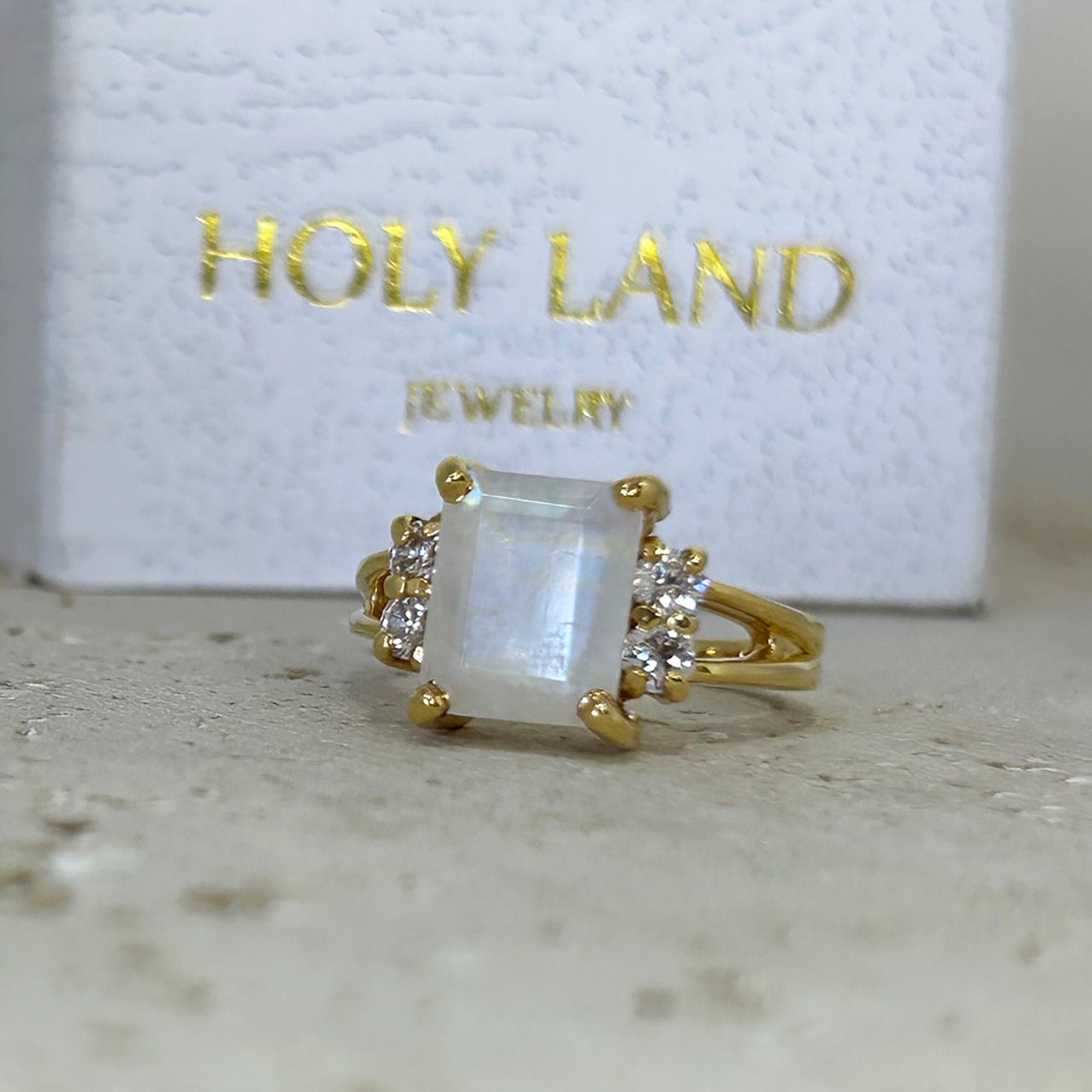 Rainbow Moonstone Ring - June Birthstone - Octagon Moonstone Ring with Clear Quartz Accents - H.L.Jewelry