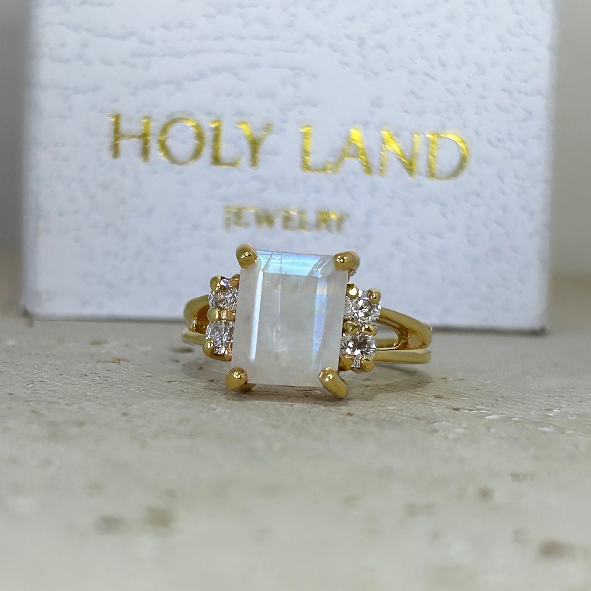 Rainbow Moonstone Ring - June Birthstone - Octagon Moonstone Ring with Clear Quartz Accents - H.L.Jewelry