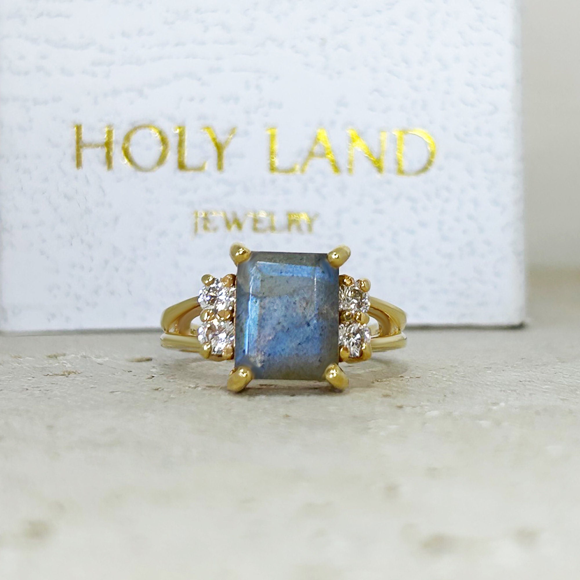 Labradorite Ring - Octagon Labradorite Ring with Clear Quartz Accents - H.L.Jewelry