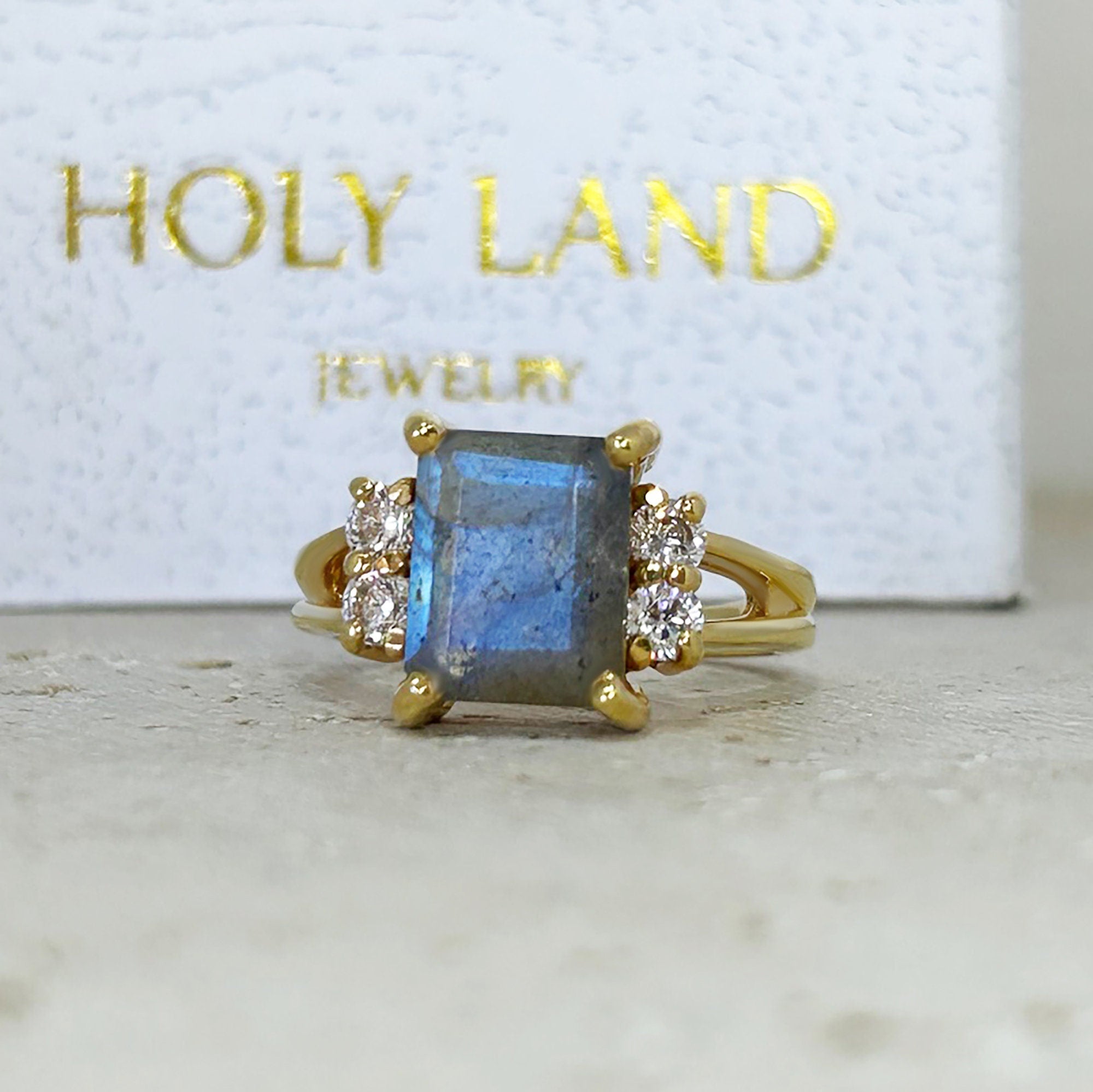 Labradorite Ring - Octagon Labradorite Ring with Clear Quartz Accents - H.L.Jewelry