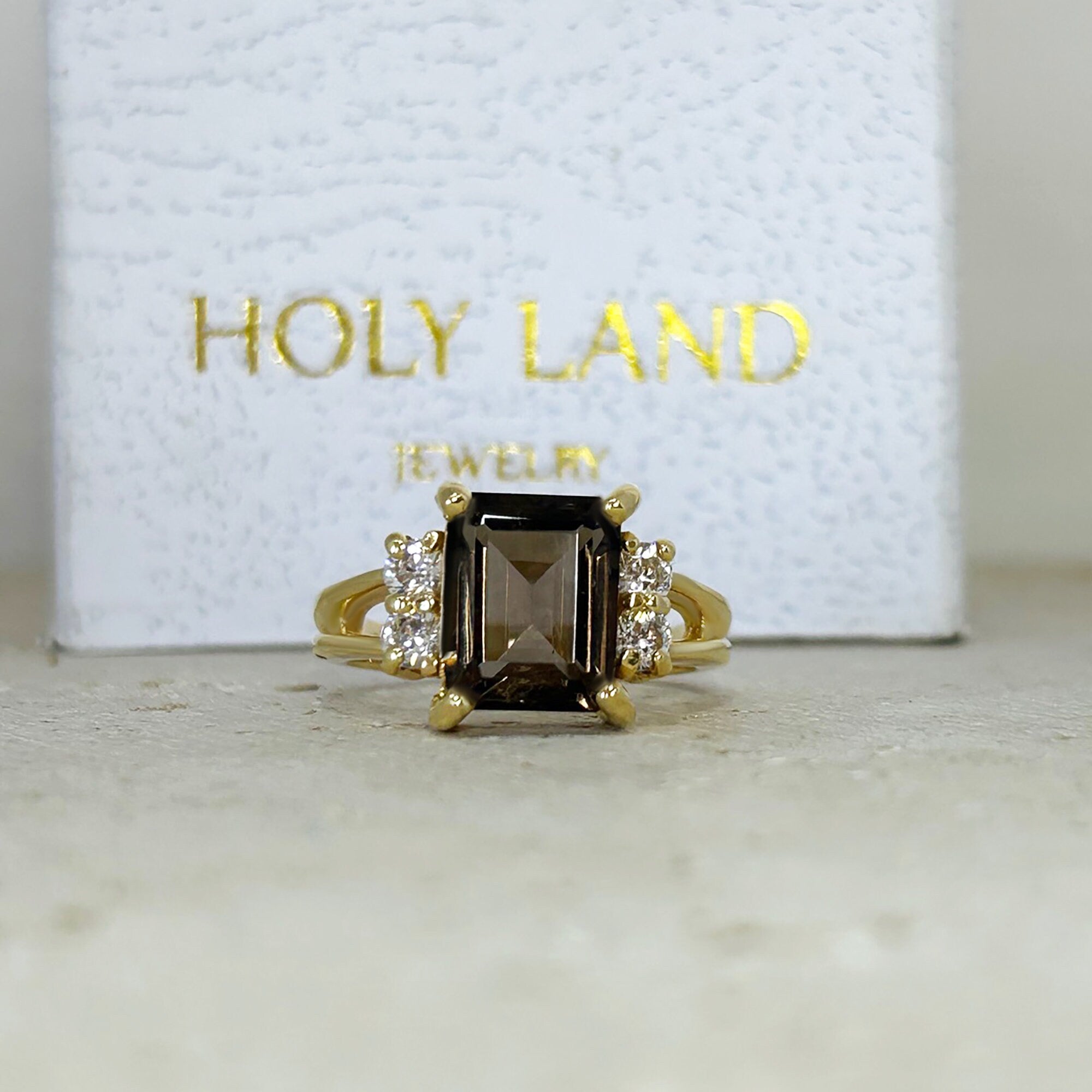 Smoky Quartz Ring - Octagon Smoky Quartz Gemstone Ring with Clear Quartz Accents - H.L.Jewelry