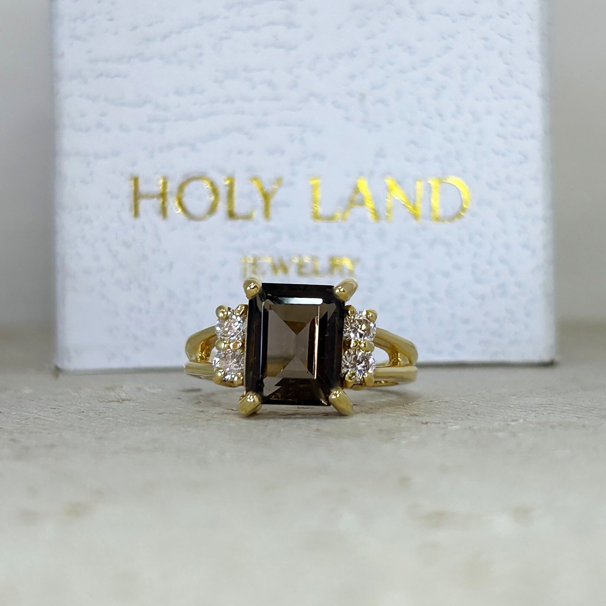 Smoky Quartz Ring - Octagon Smoky Quartz Gemstone Ring with Clear Quartz Accents - H.L.Jewelry