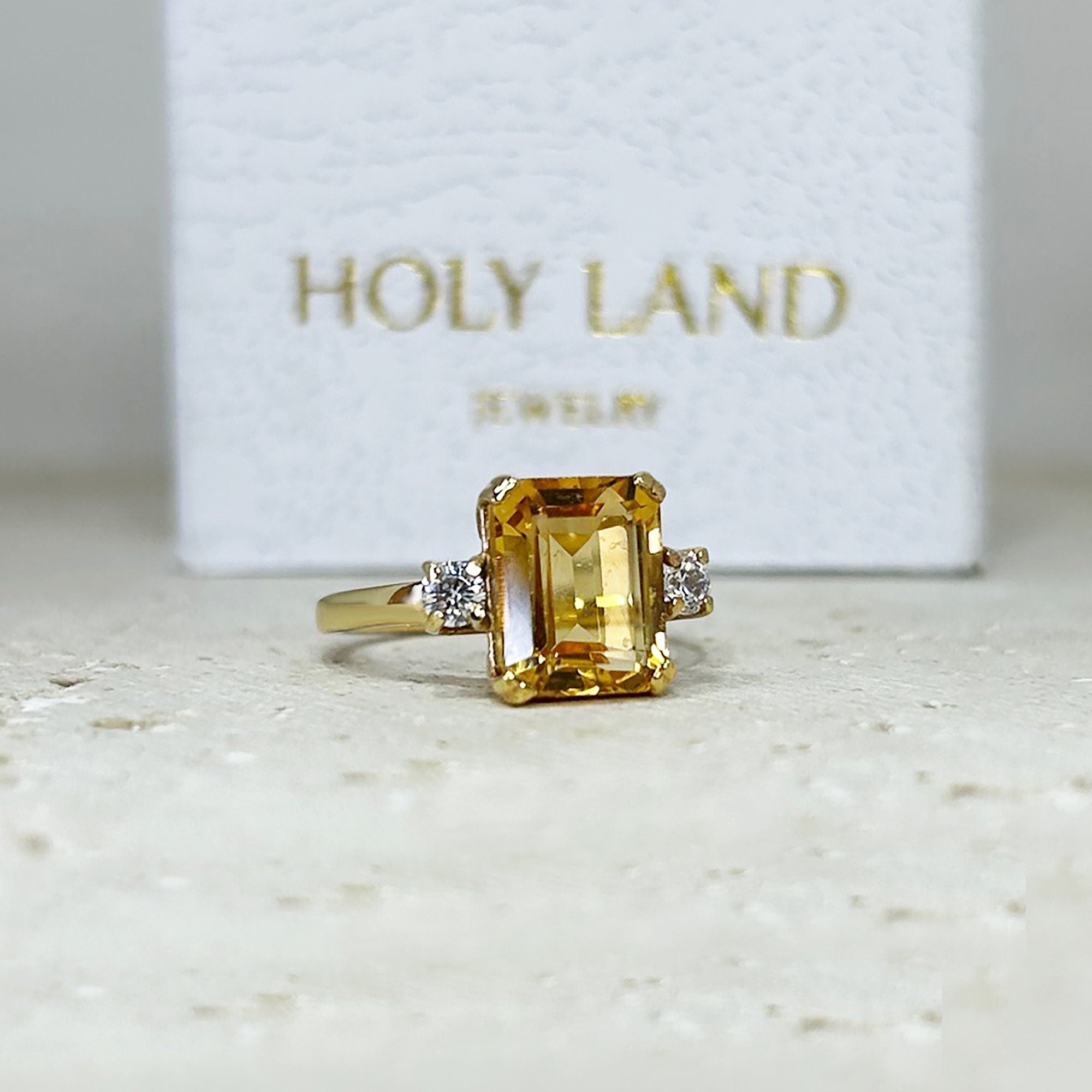 Citrine ring - November Birthstone - Octagon Citrine Gemstone Statement Engagement Ring with Clear Quartz Accents - H.L.Jewelry