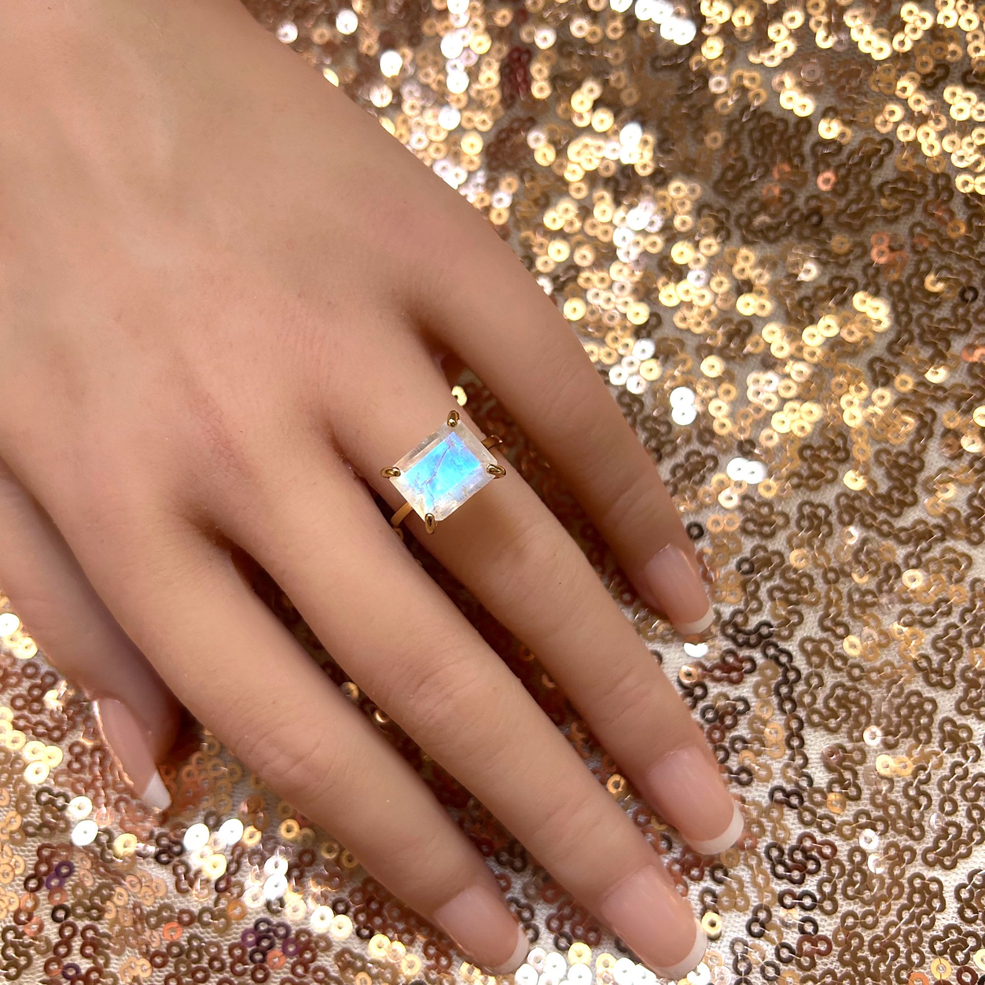 Rainbow Moonstone Ring - June Birthstone - East-West Octagon Moonstone Solitaire Ring - H.L.Jewelry