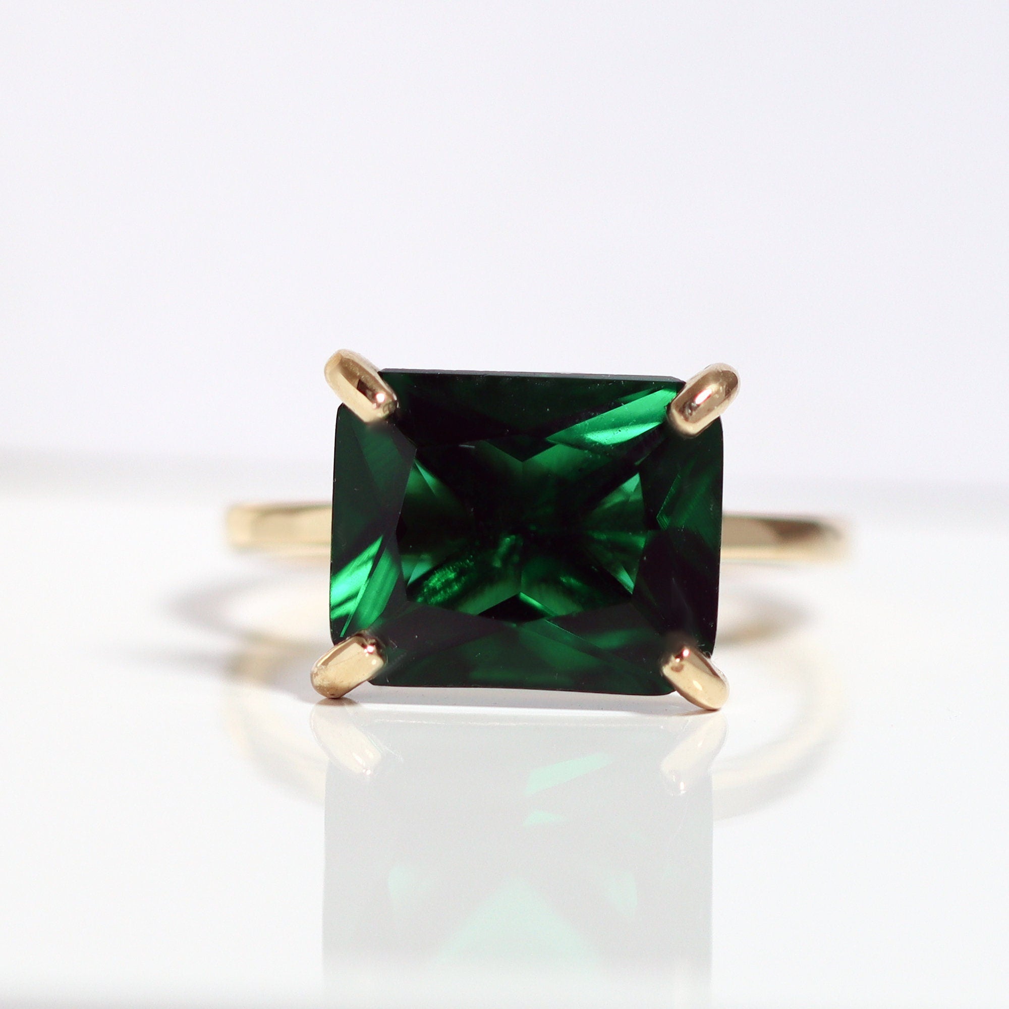 Emerald Ring - May Birthstone - Emerald Gemstone Horizontal Rectangular Shape Solitaire Ring - H.L.Jewelry