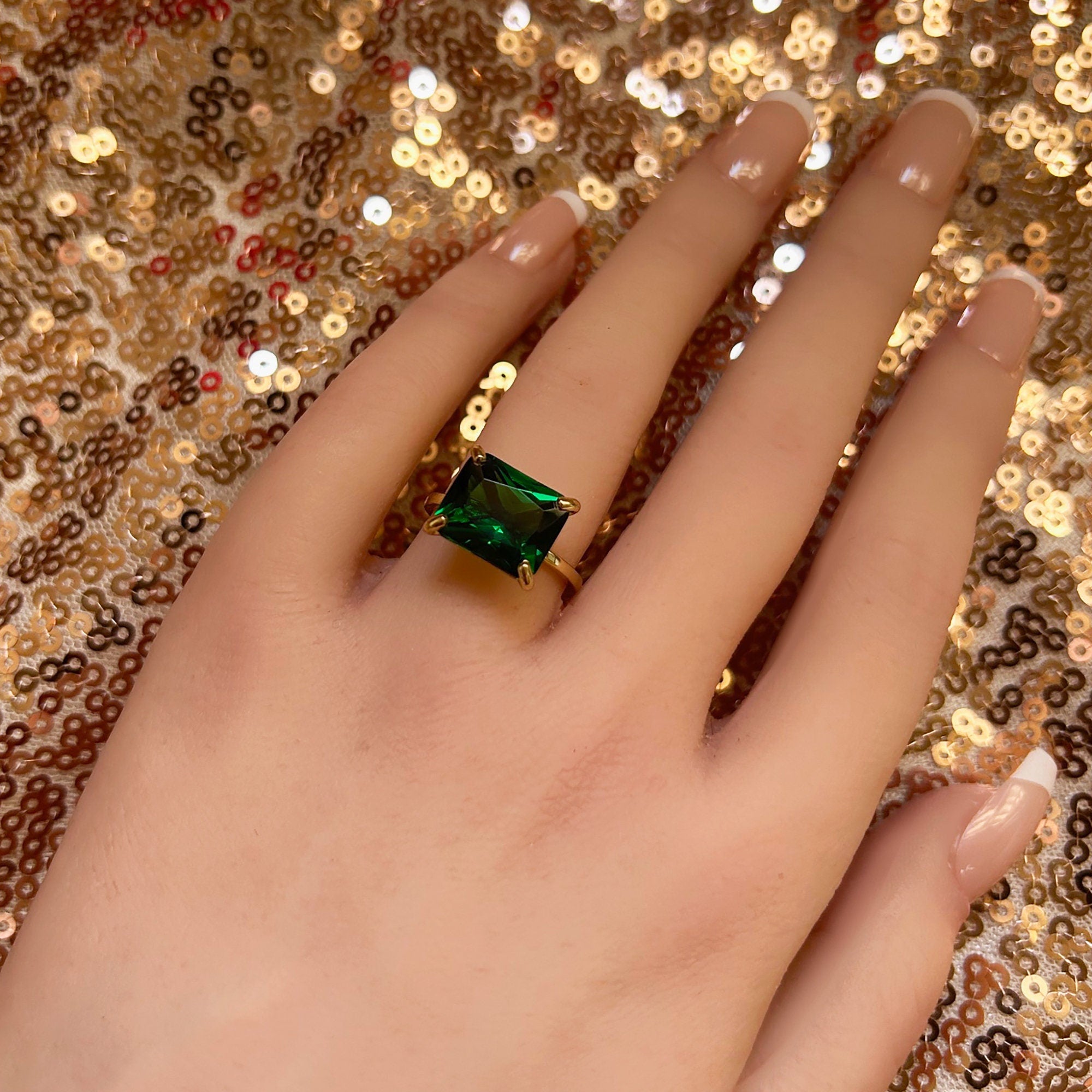 Emerald Ring - May Birthstone - Emerald Gemstone Horizontal Rectangular Shape Solitaire Ring - H.L.Jewelry