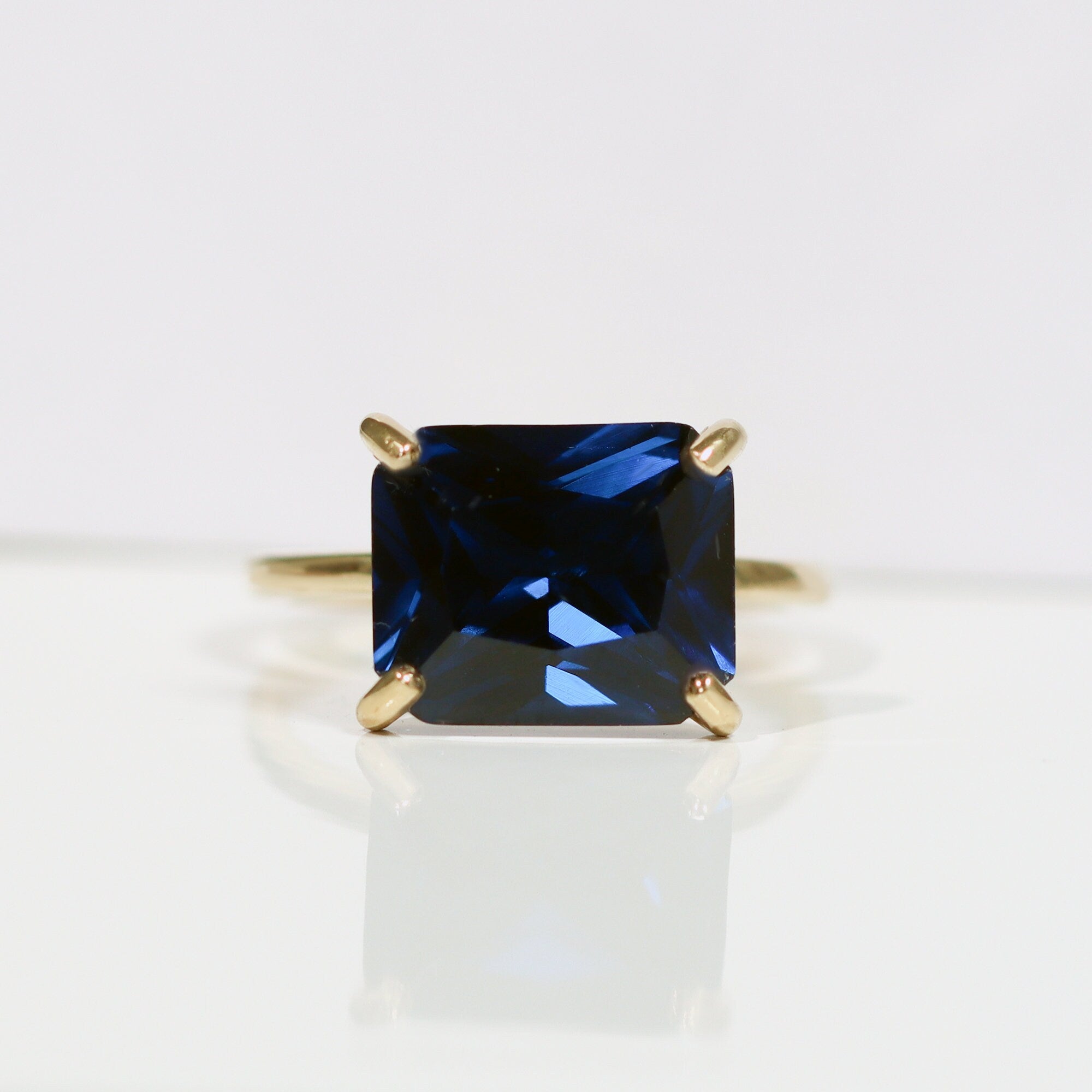 Blue Sapphire Ring - September Birthstone - Blue Sapphire Gemstone Horizontal Rectangular Shape Solitaire Ring - H.L.Jewelry