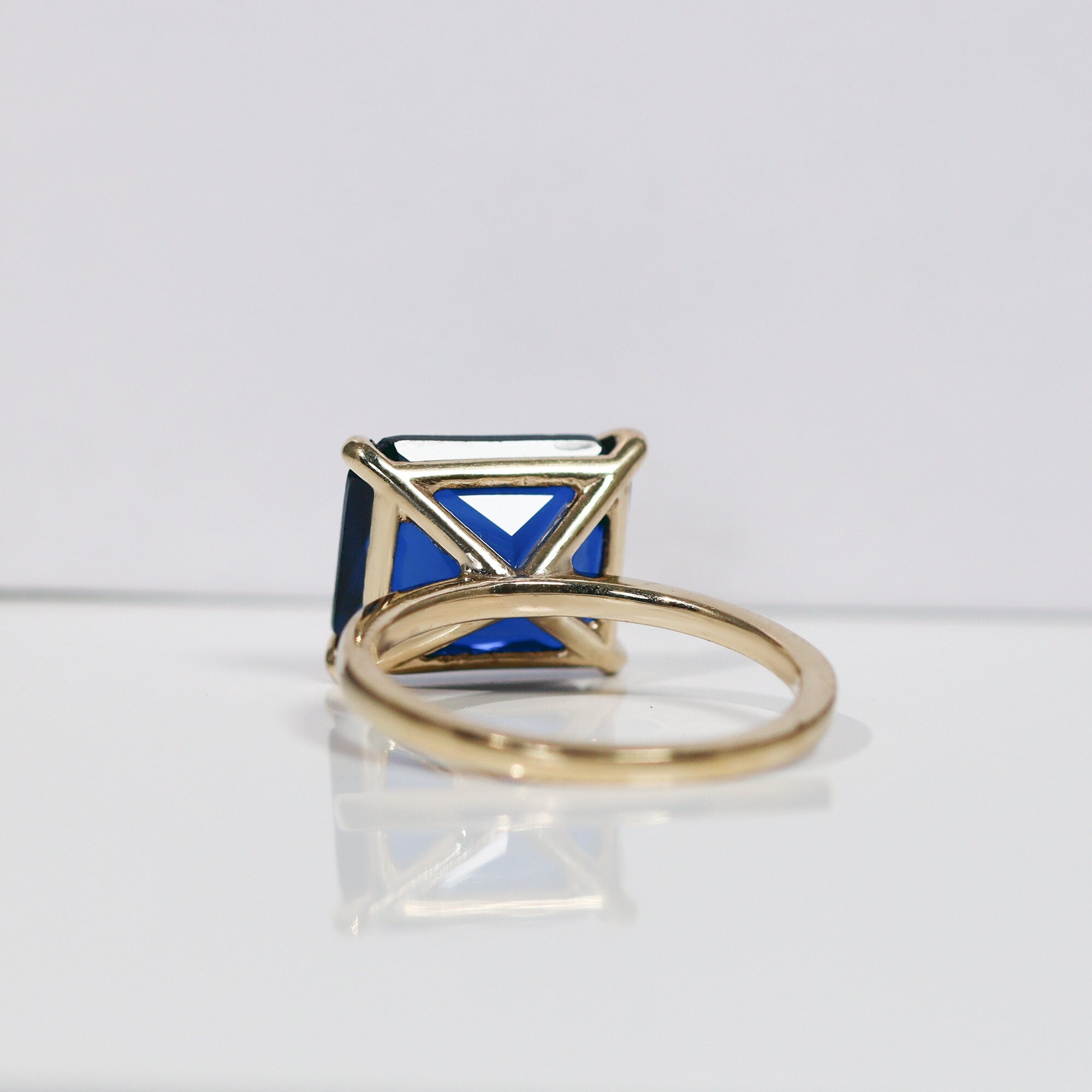 Blue Sapphire Ring - September Birthstone - Blue Sapphire Gemstone Horizontal Rectangular Shape Solitaire Ring - H.L.Jewelry