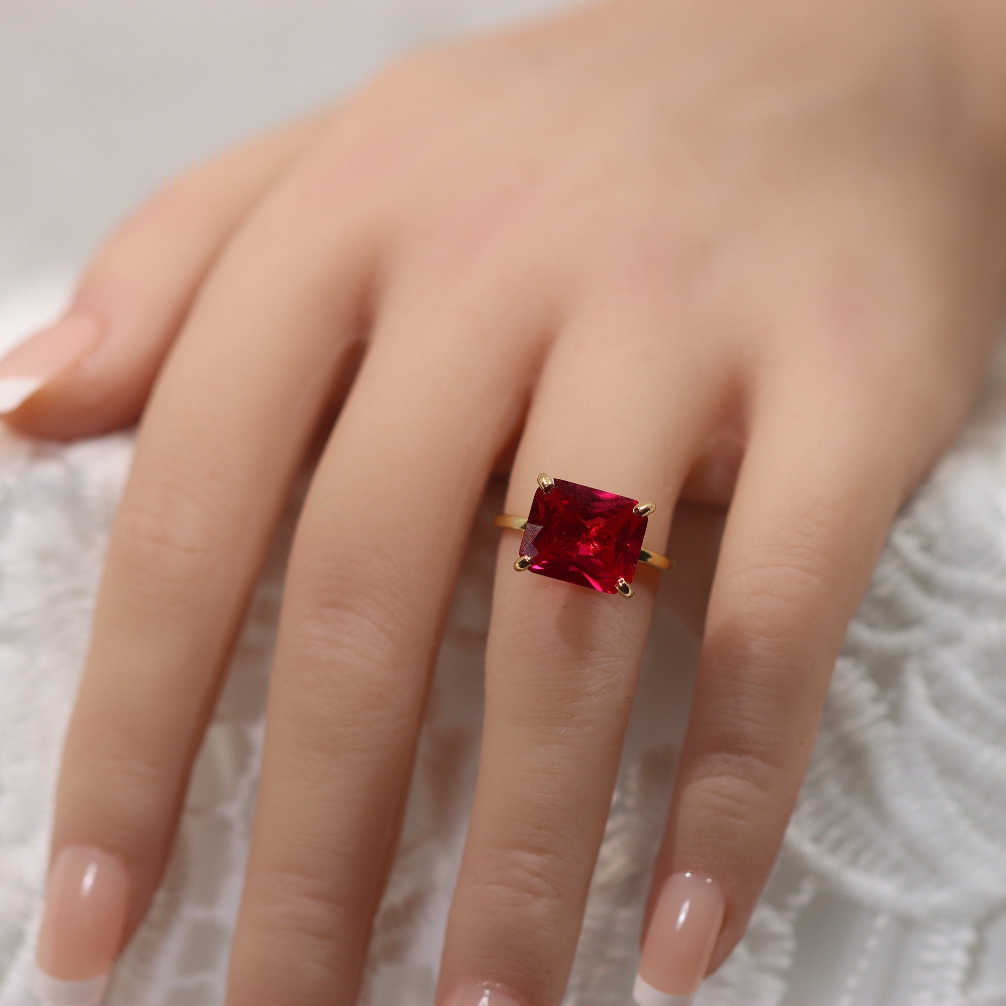 Ruby Ring - July Birthstone - East-West Octagon Ruby Solitaire Ring - H.L.Jewelry