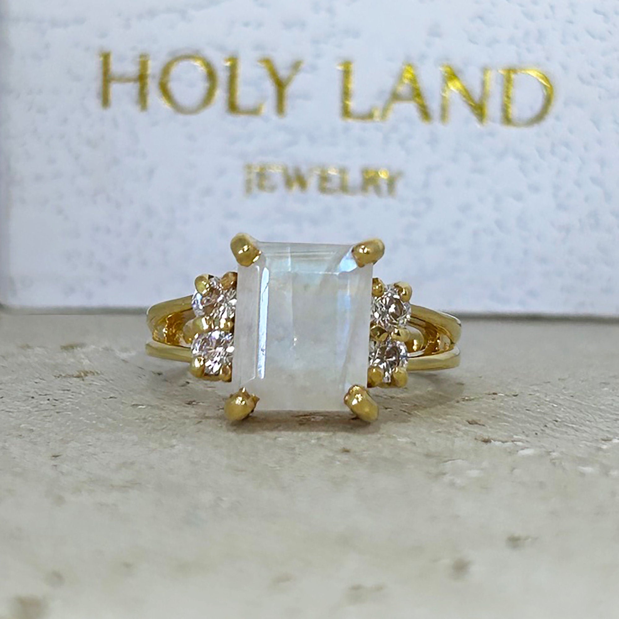 Rainbow Moonstone Ring - June Birthstone - Octagon Moonstone Ring with Clear Quartz Accents - H.L.Jewelry