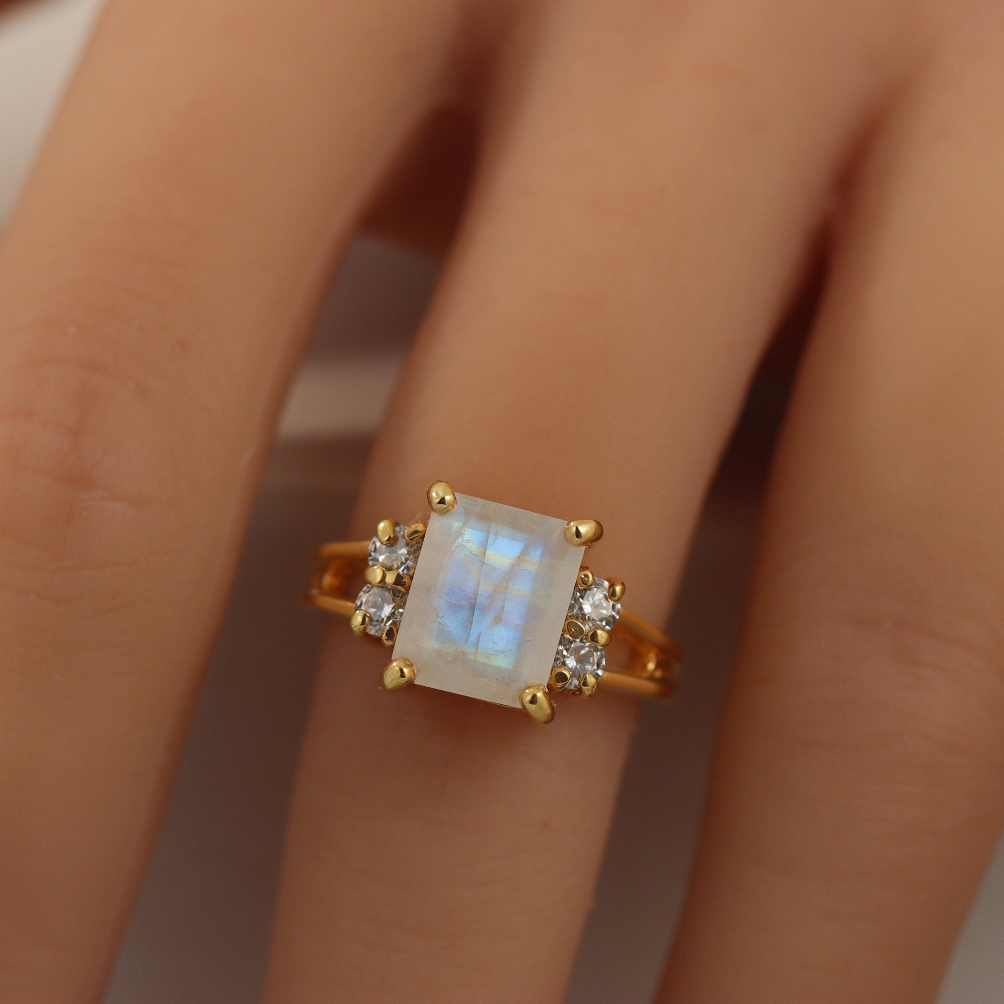 Rainbow Moonstone Ring - June Birthstone - Octagon Moonstone Ring with Clear Quartz Accents - H.L.Jewelry