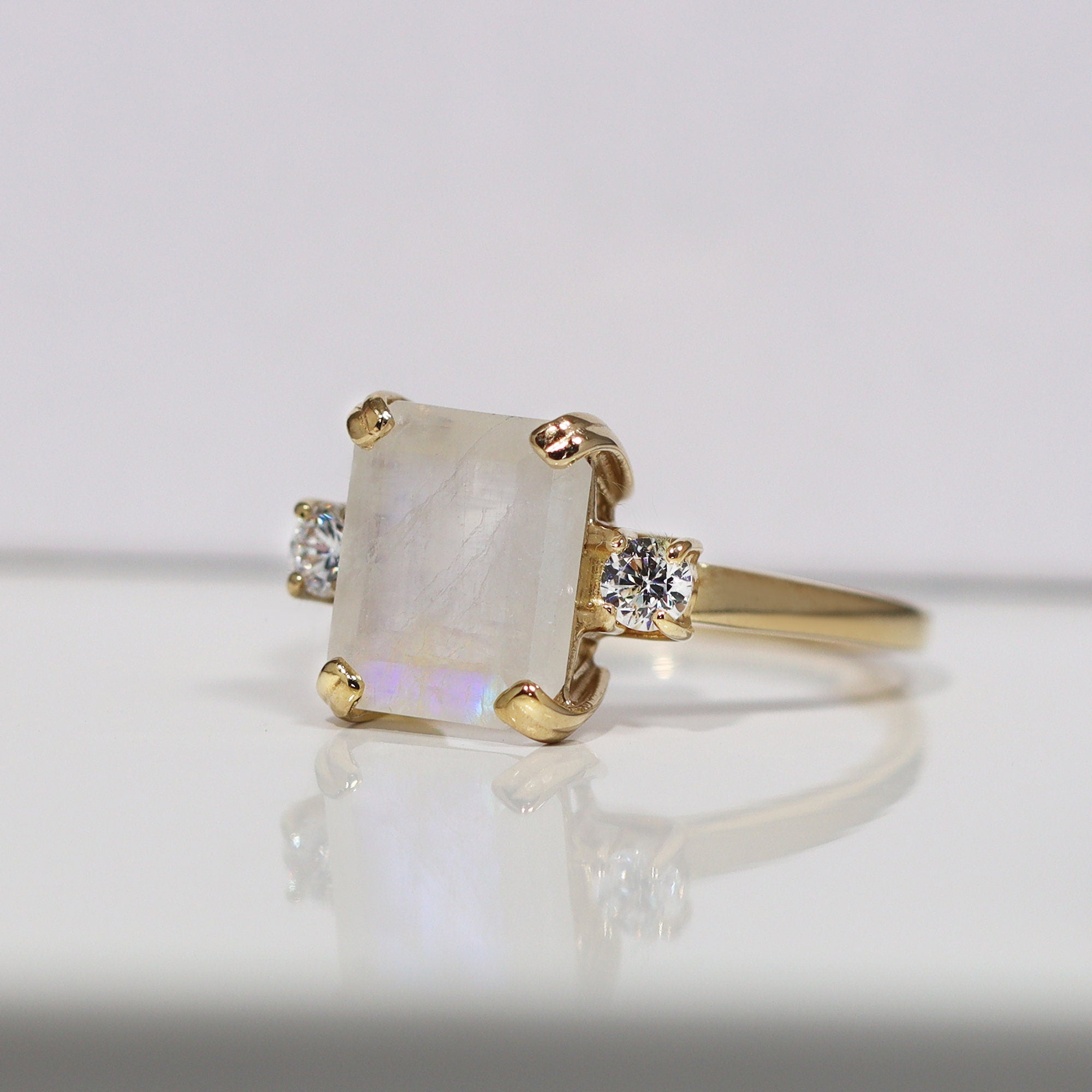 Rainbow Moonstone Ring - June Birthstone - Octagon Moonstone Ring with Clear Quartz Accents - H.L.Jewelry