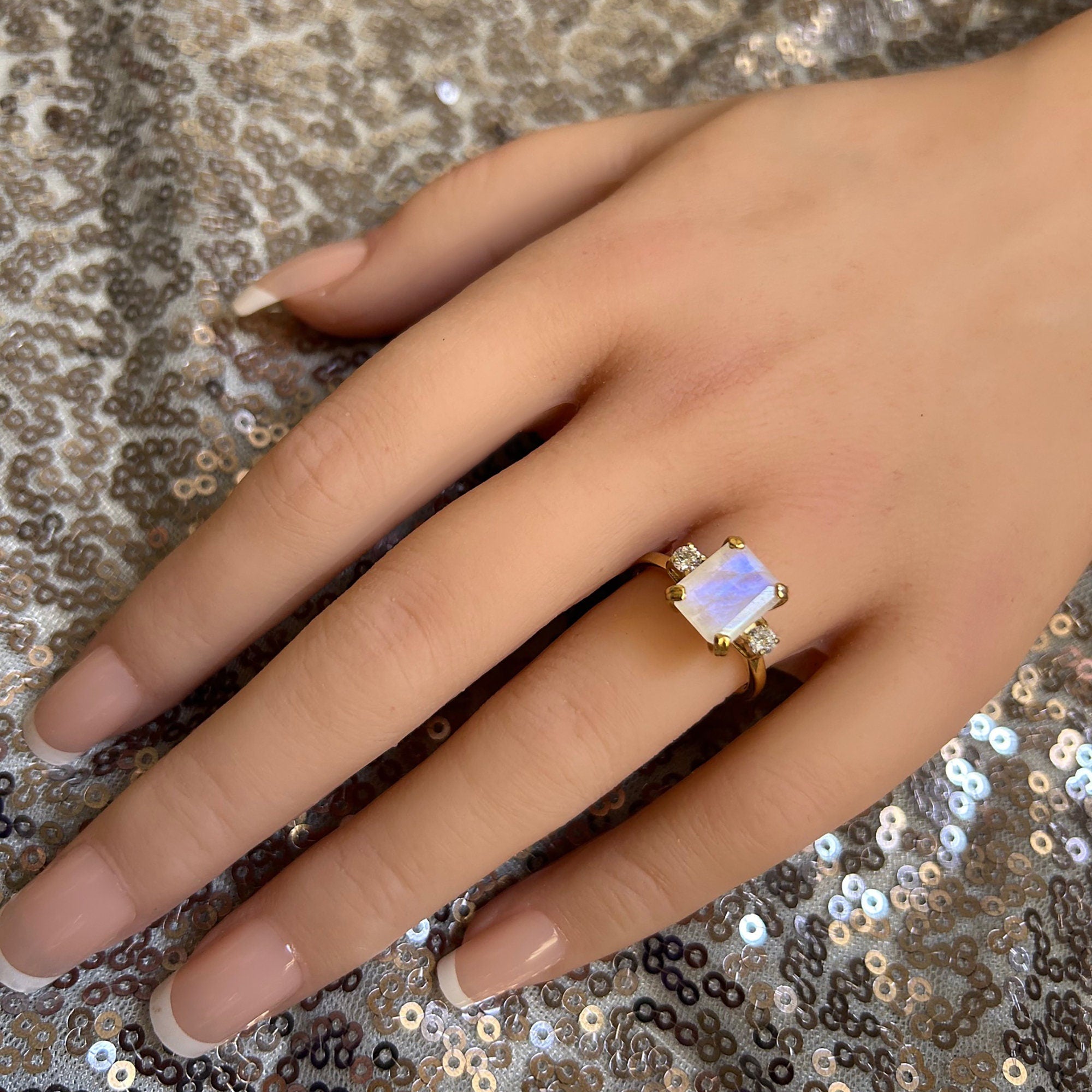 Rainbow Moonstone Ring - June Birthstone - Octagon Moonstone Ring with Clear Quartz Accents - H.L.Jewelry