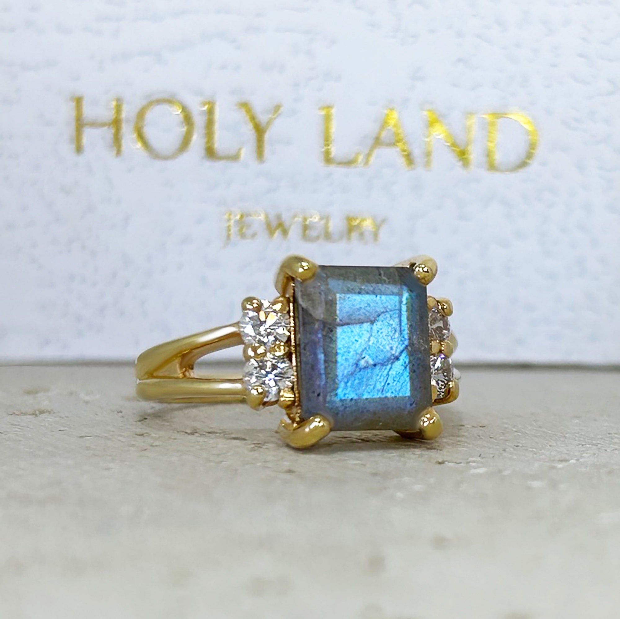 Labradorite Ring - Octagon Labradorite Ring with Clear Quartz Accents - H.L.Jewelry