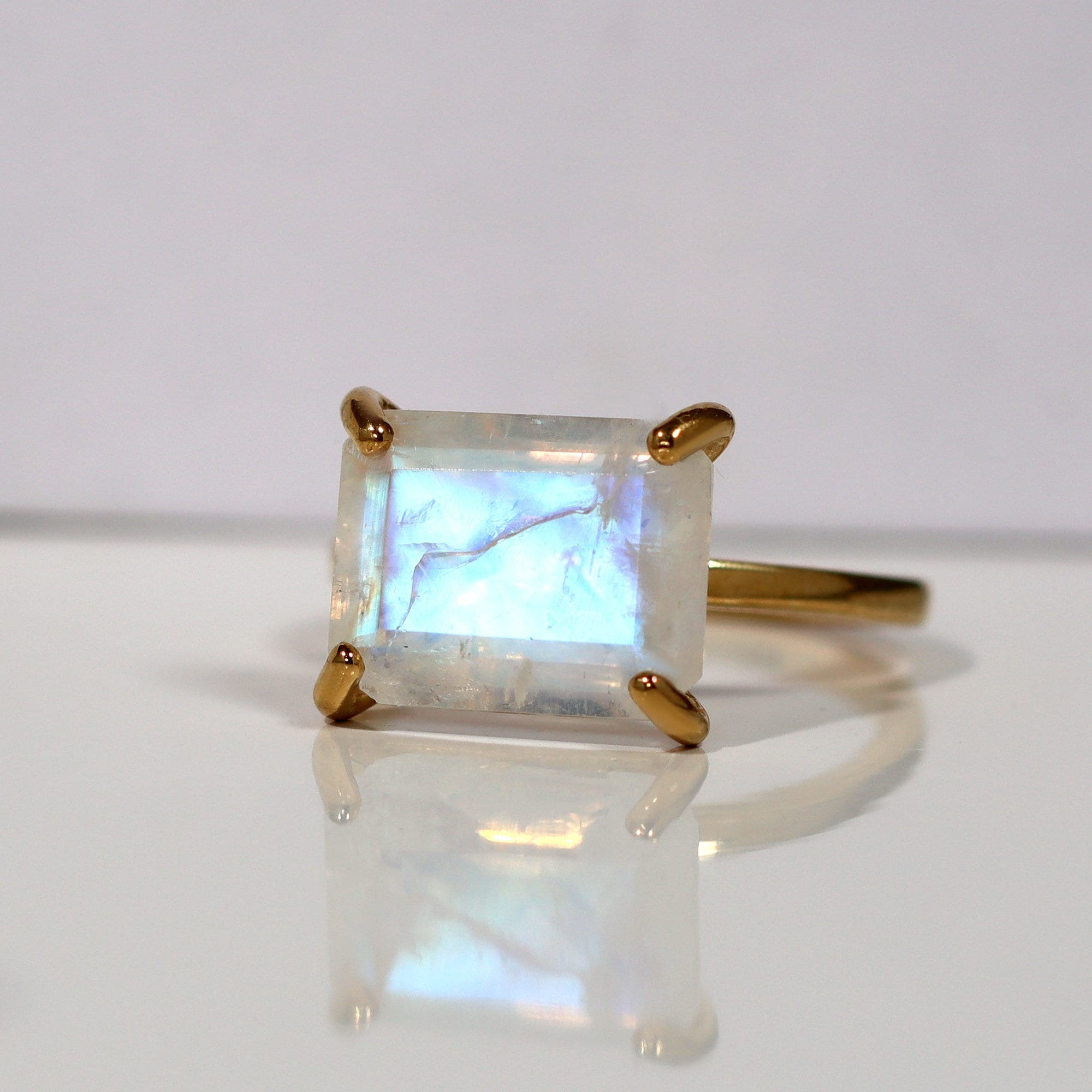 Rainbow Moonstone Ring - June Birthstone - East-West Octagon Moonstone Solitaire Ring - H.L.Jewelry