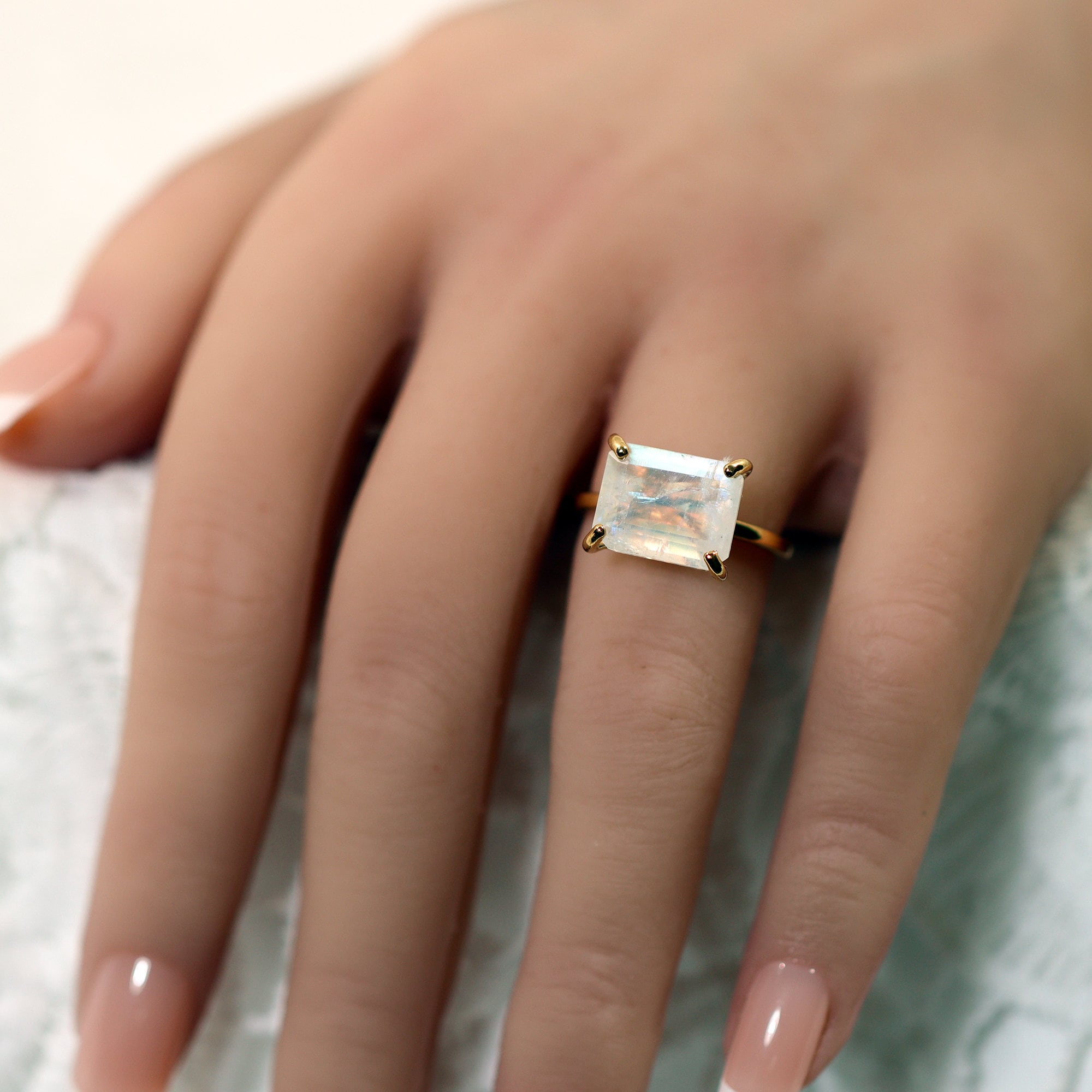 Rainbow Moonstone Ring - June Birthstone - East-West Octagon Moonstone Solitaire Ring - H.L.Jewelry