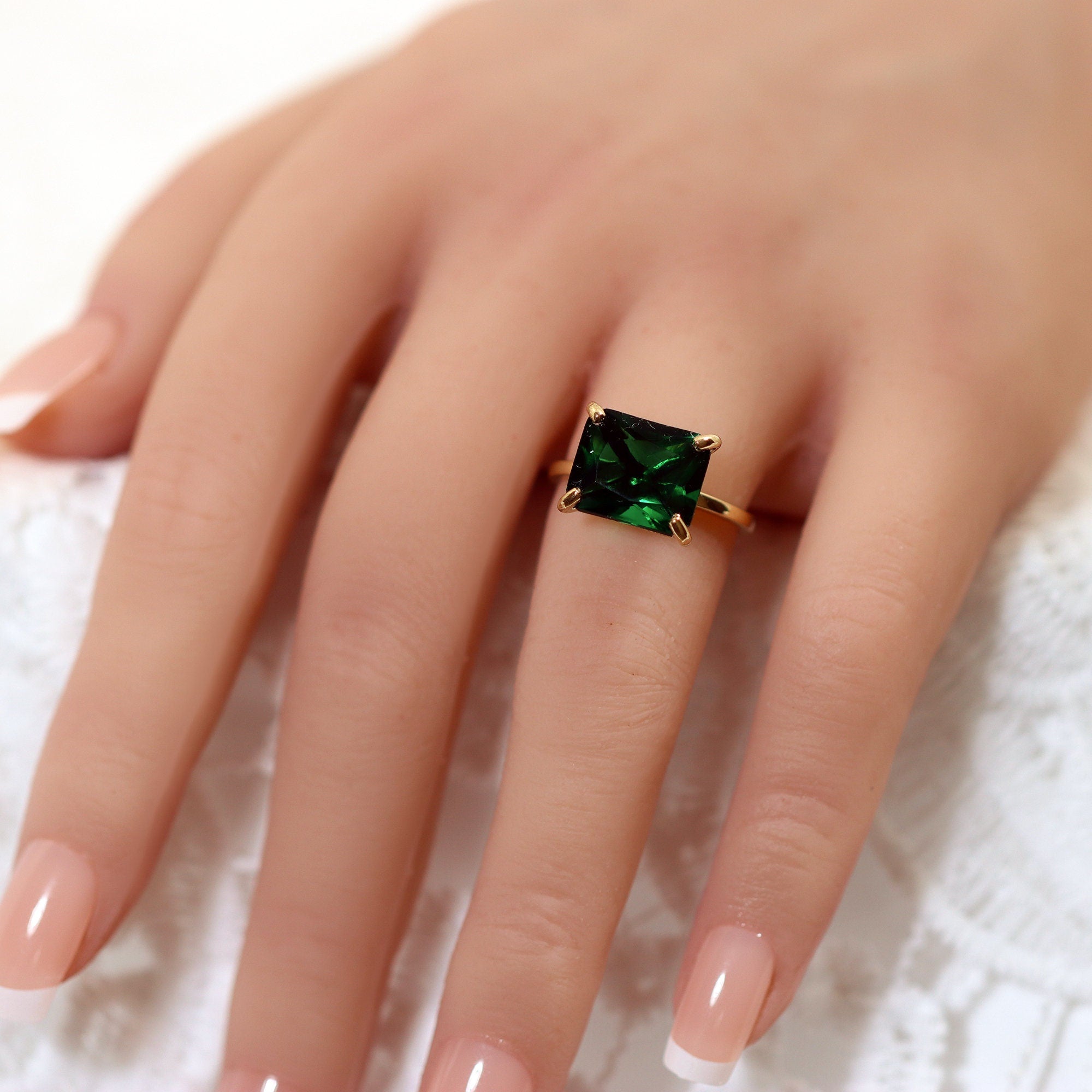 Emerald Ring - May Birthstone - Emerald Gemstone Horizontal Rectangular Shape Solitaire Ring - H.L.Jewelry