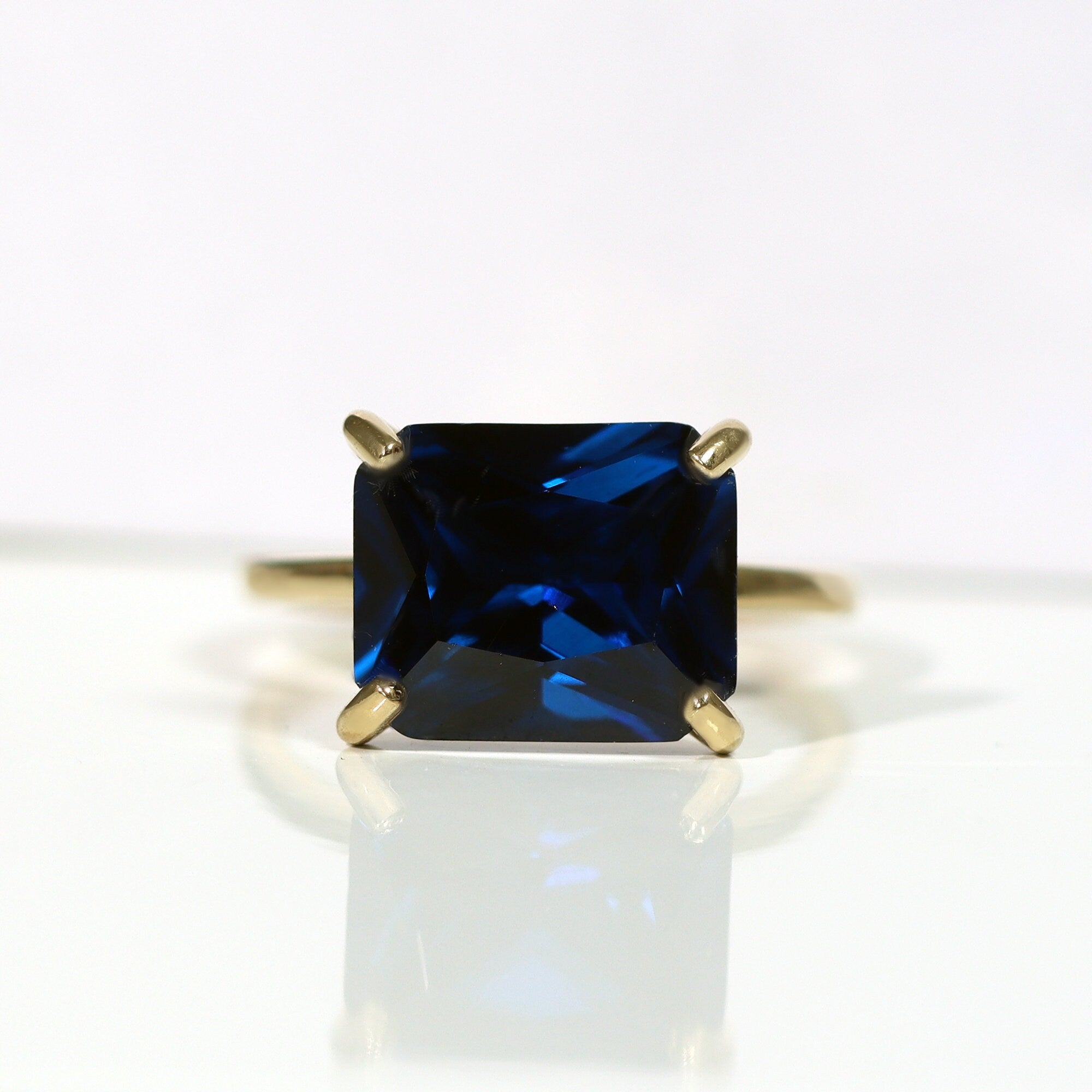 Blue Sapphire Ring - September Birthstone - Blue Sapphire Gemstone Horizontal Rectangular Shape Solitaire Ring - H.L.Jewelry