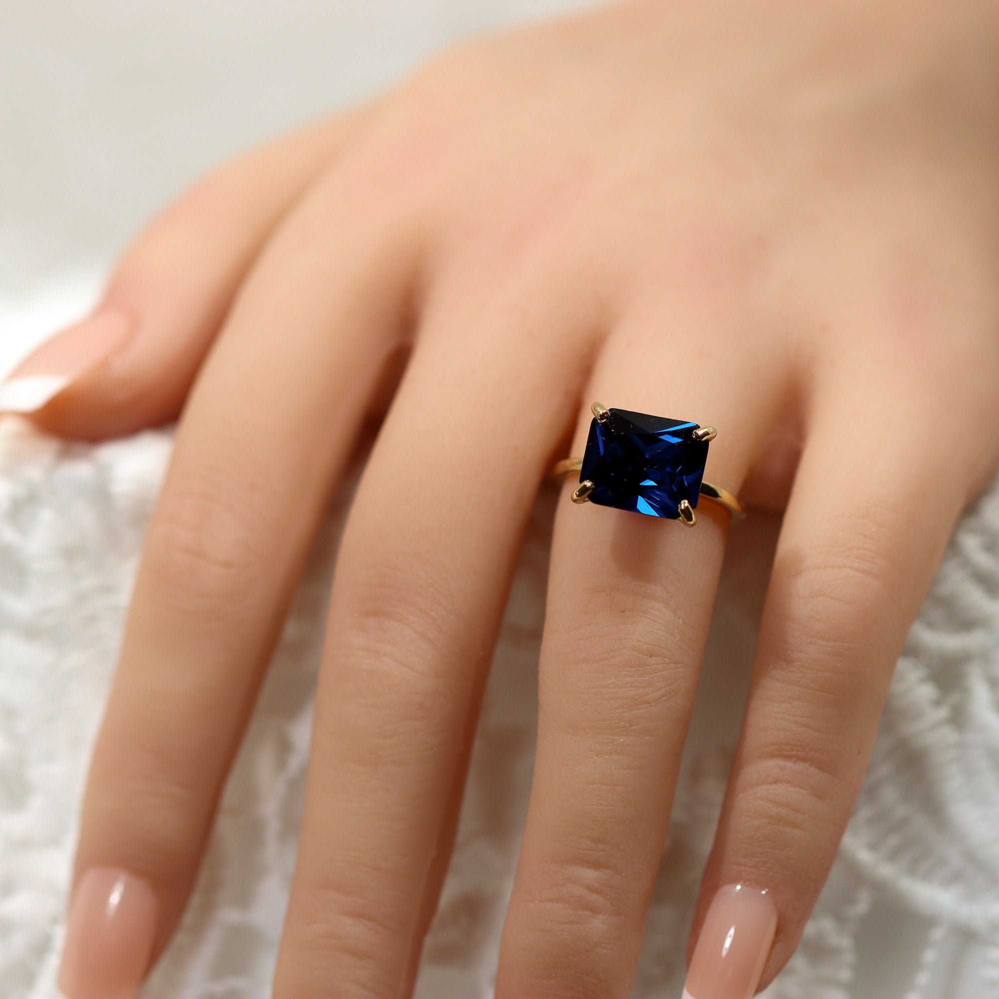 Blue Sapphire Ring - September Birthstone - Blue Sapphire Gemstone Horizontal Rectangular Shape Solitaire Ring - H.L.Jewelry