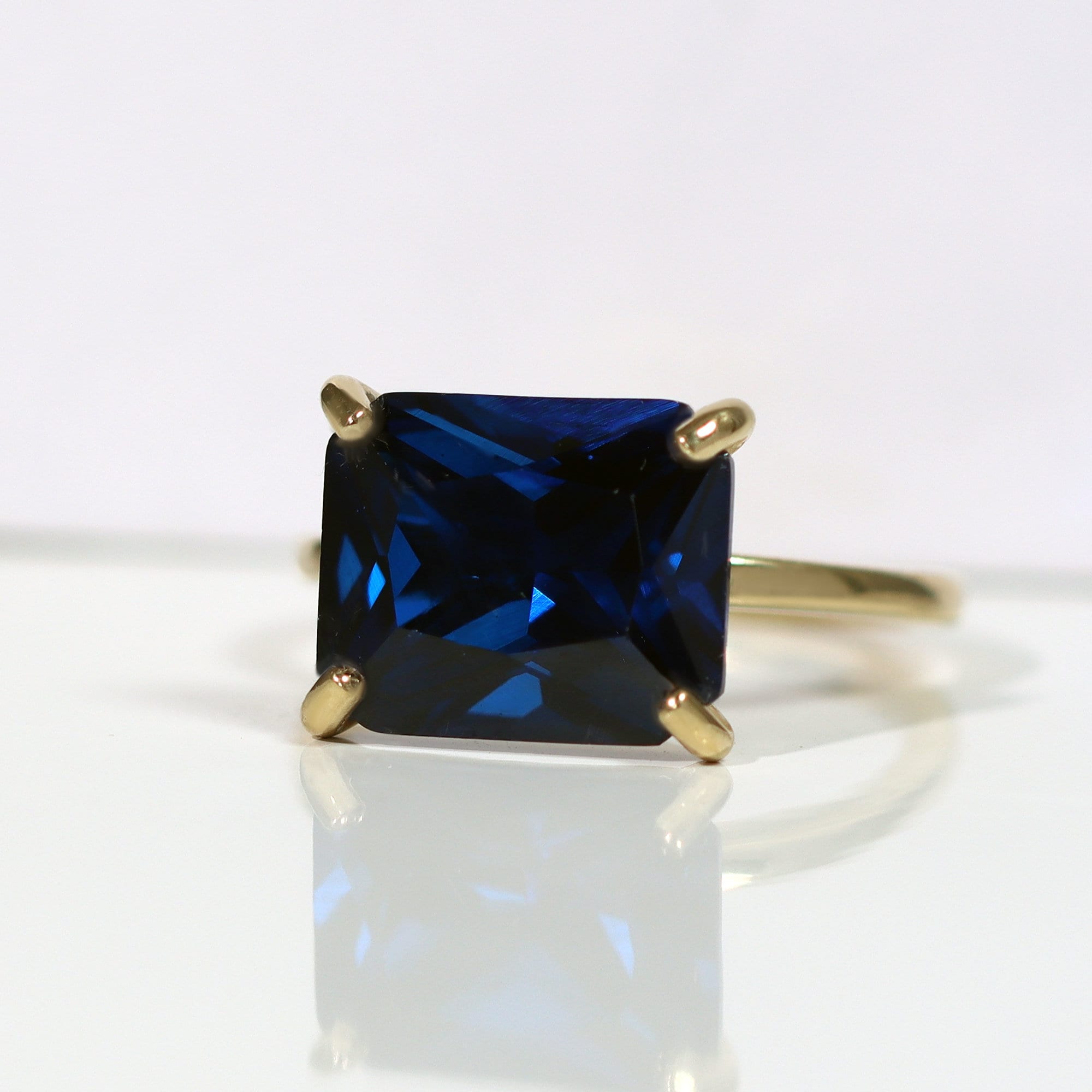 Blue Sapphire Ring - September Birthstone - Blue Sapphire Gemstone Horizontal Rectangular Shape Solitaire Ring - H.L.Jewelry