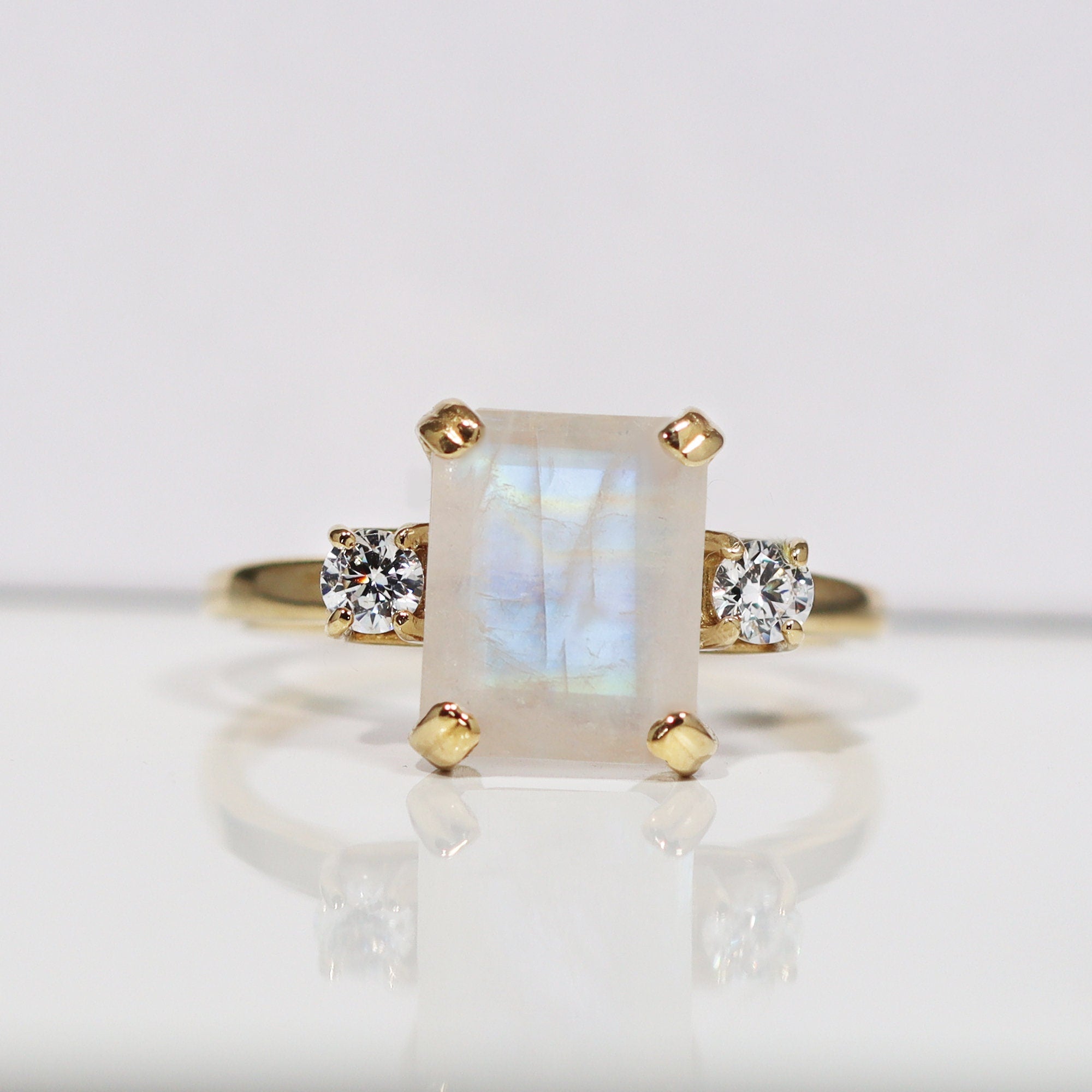 Rainbow Moonstone Ring - June Birthstone - Octagon Moonstone Ring with Clear Quartz Accents - H.L.Jewelry