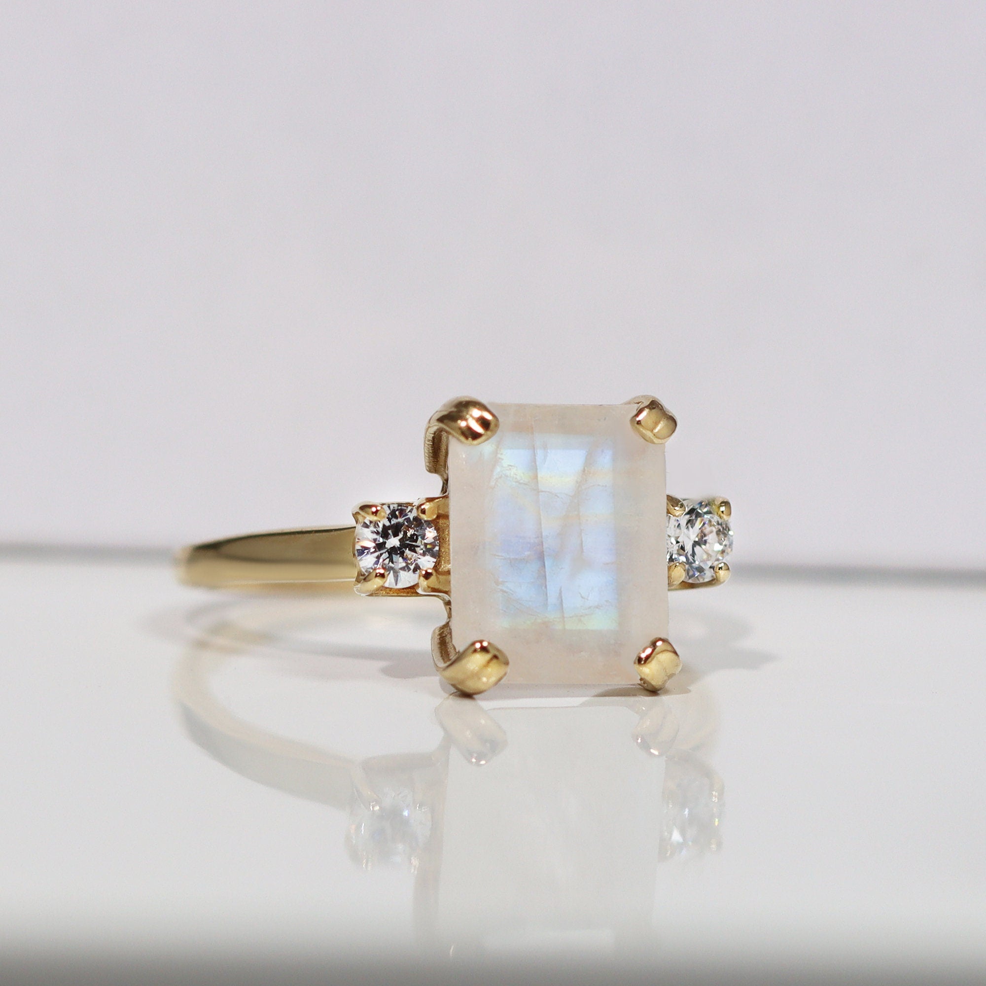 Rainbow Moonstone Ring - June Birthstone - Octagon Moonstone Ring with Clear Quartz Accents - H.L.Jewelry