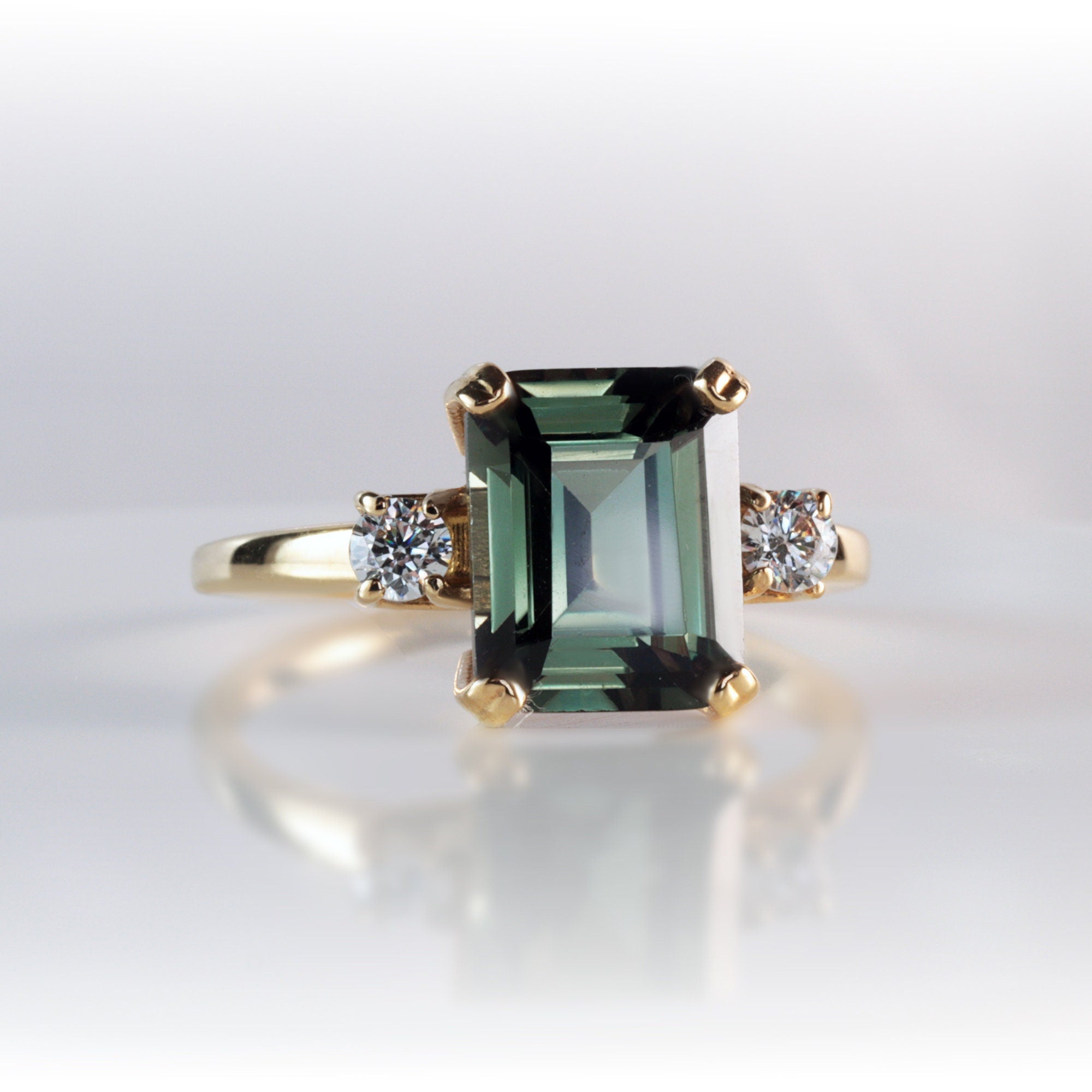 Green Tourmaline Ring - Emerald-Cut Green Tourmaline Engagement Ring with Quartz Accents - H.L.Jewelry