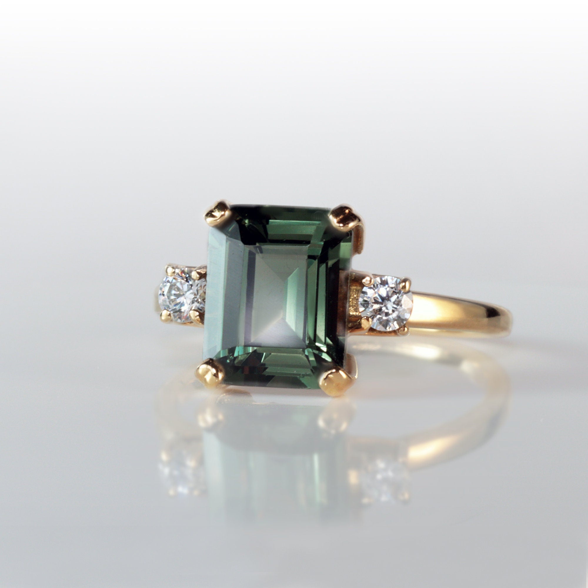 Green Tourmaline Ring - Emerald-Cut Green Tourmaline Engagement Ring with Quartz Accents - H.L.Jewelry