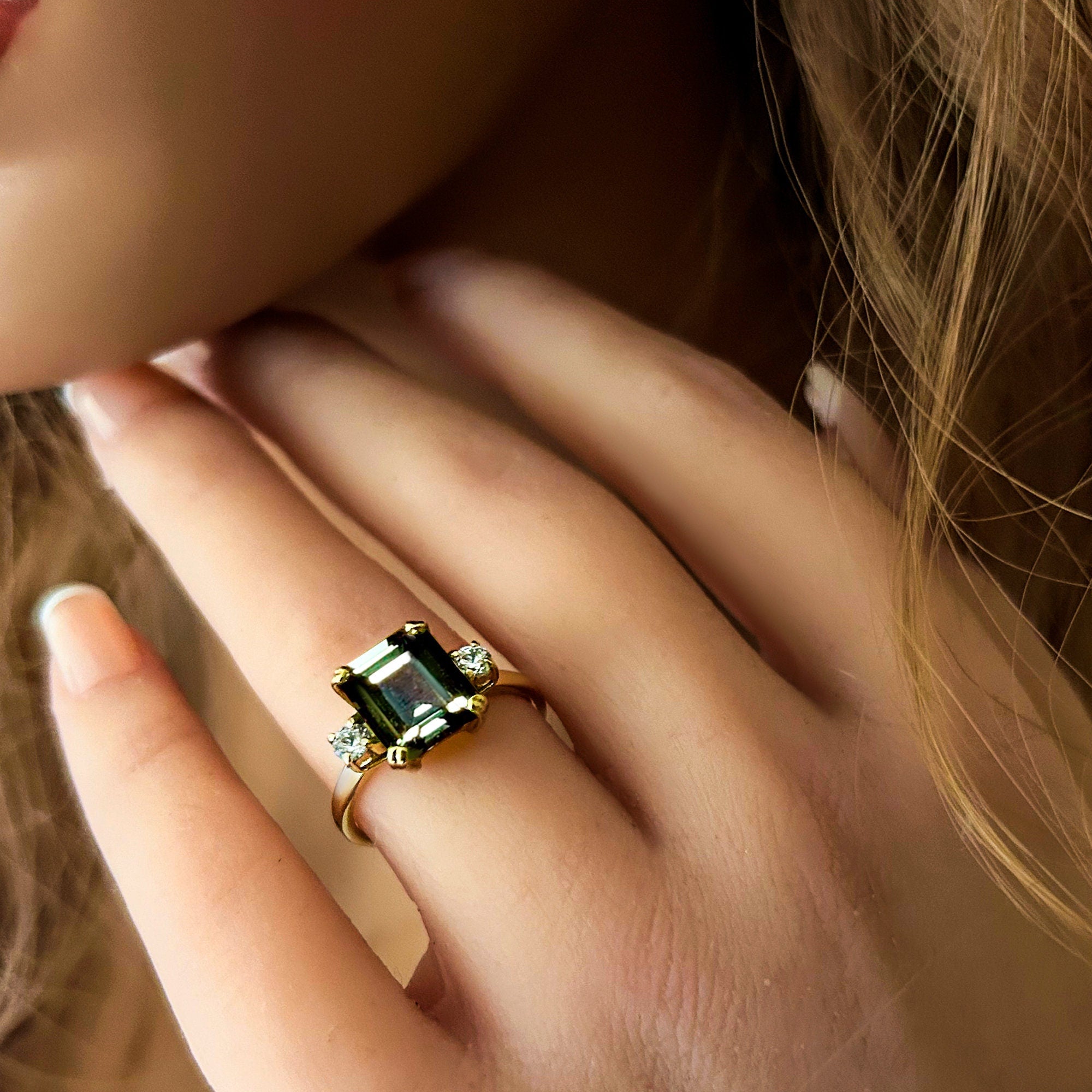 Green Tourmaline Ring - Emerald-Cut Green Tourmaline Engagement Ring with Quartz Accents - H.L.Jewelry