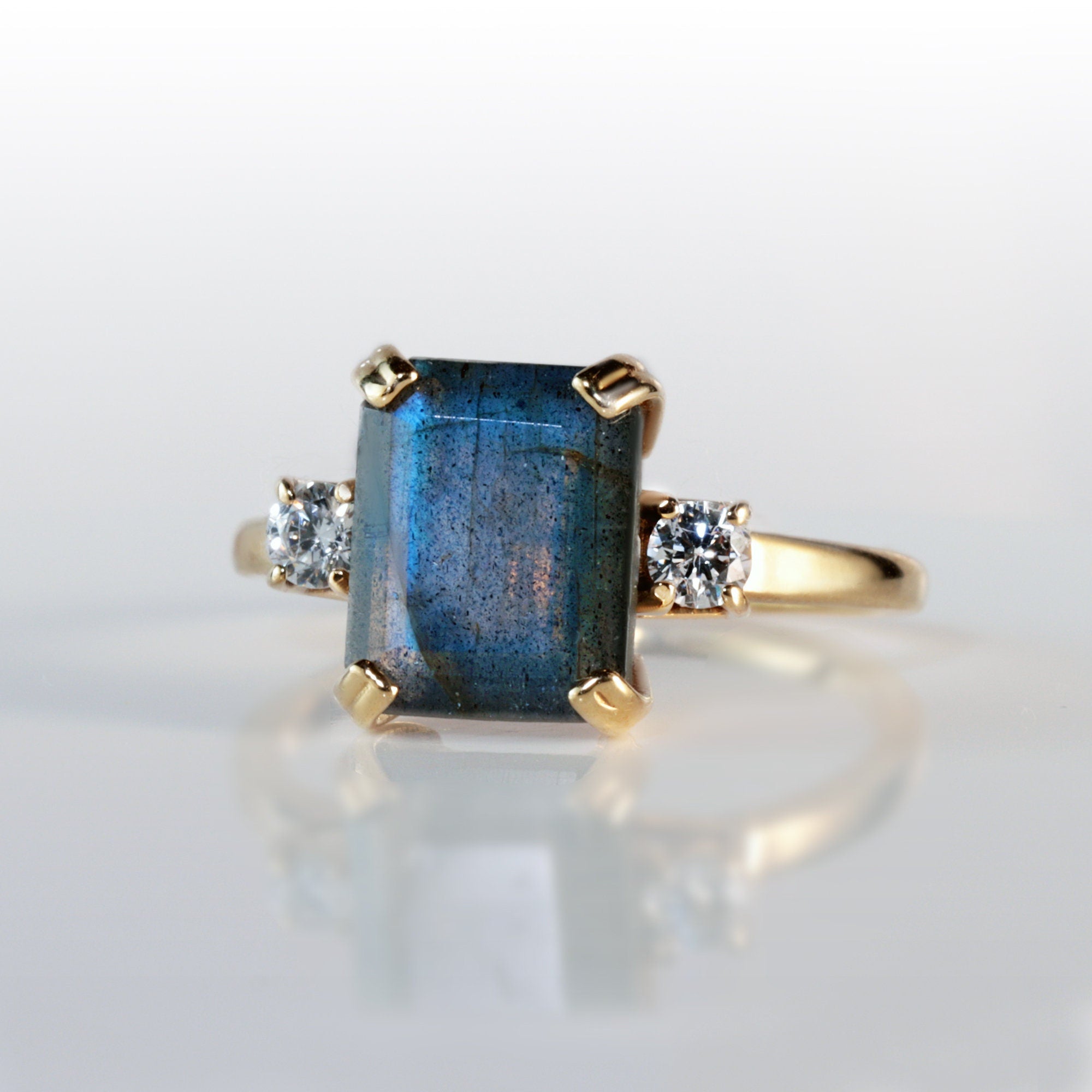 Labradorite Ring - Octagon Labradorite Ring with Quartz Accents - H.L.Jewelry