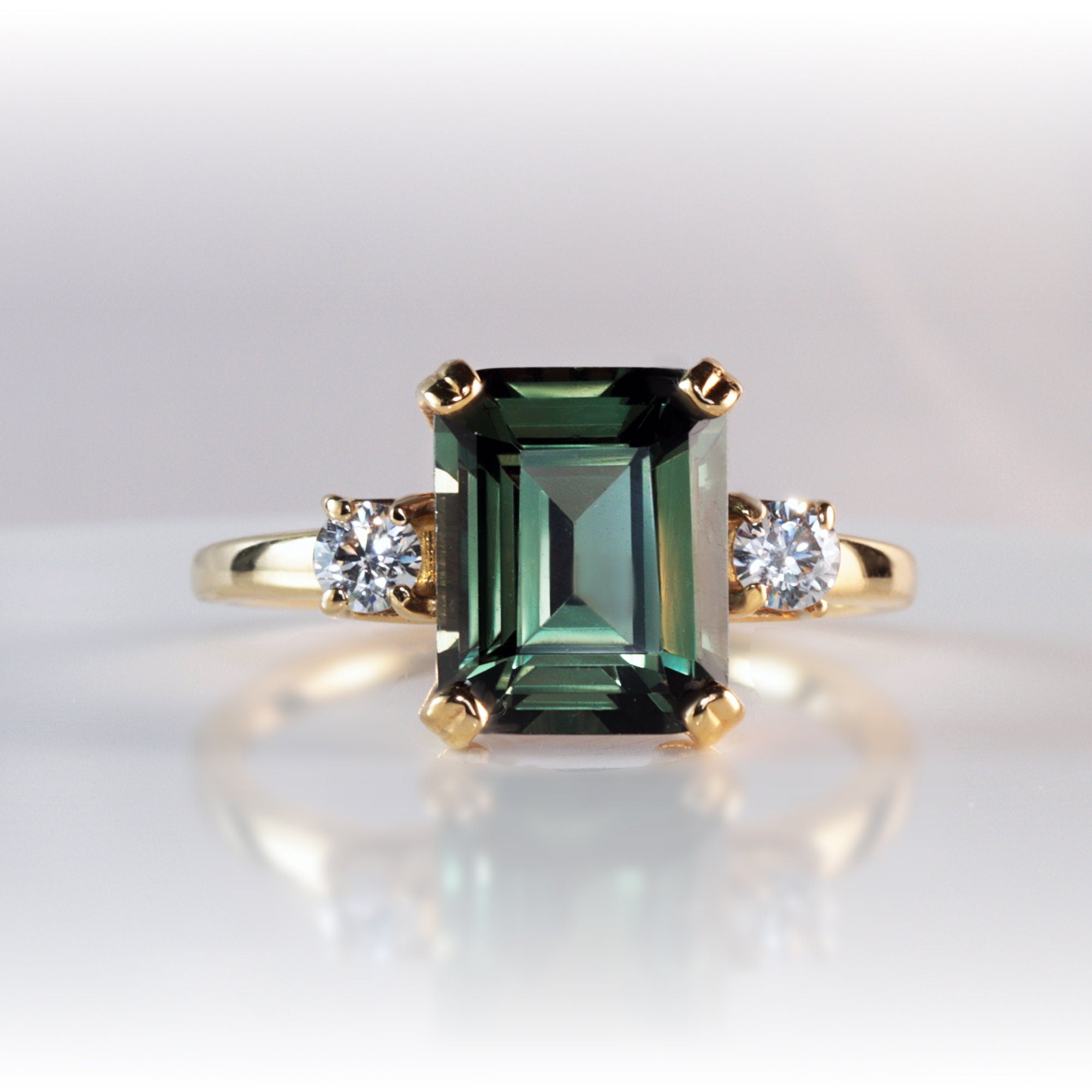 Green Tourmaline Ring - Emerald-Cut Green Tourmaline Engagement Ring with Quartz Accents - H.L.Jewelry