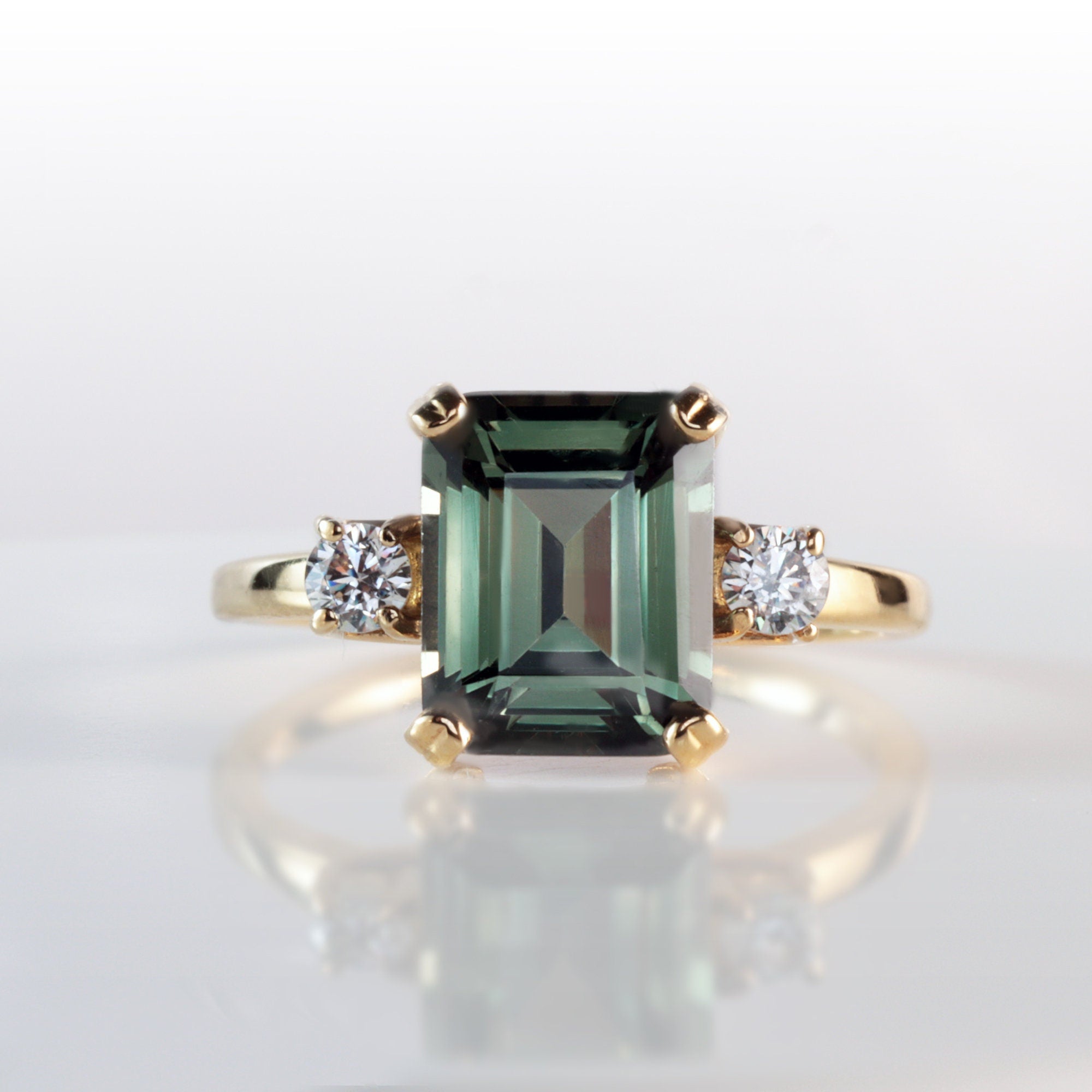 Green Tourmaline Ring - Emerald-Cut Green Tourmaline Engagement Ring with Quartz Accents - H.L.Jewelry