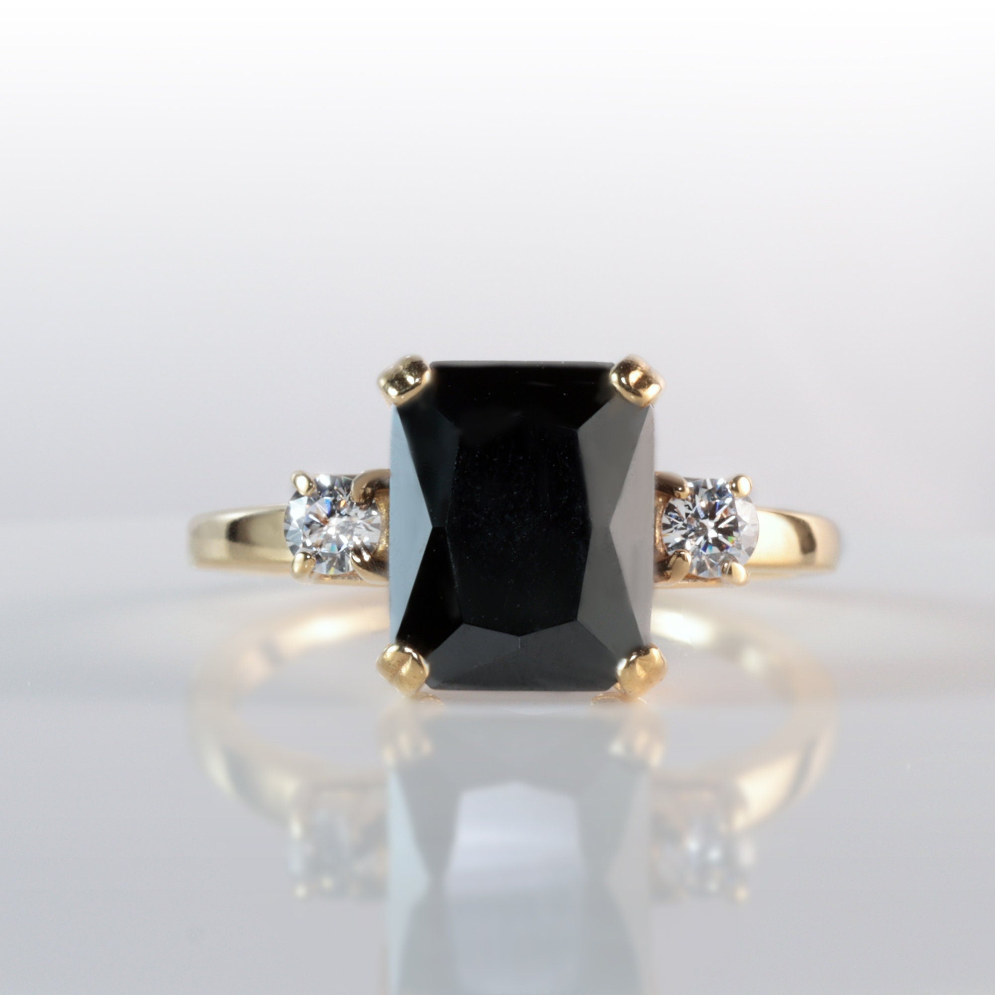 Black Onyx Ring - December Birthstone - Octagon Black Onyx Ring with Quartz Accents - H.L.Jewelry