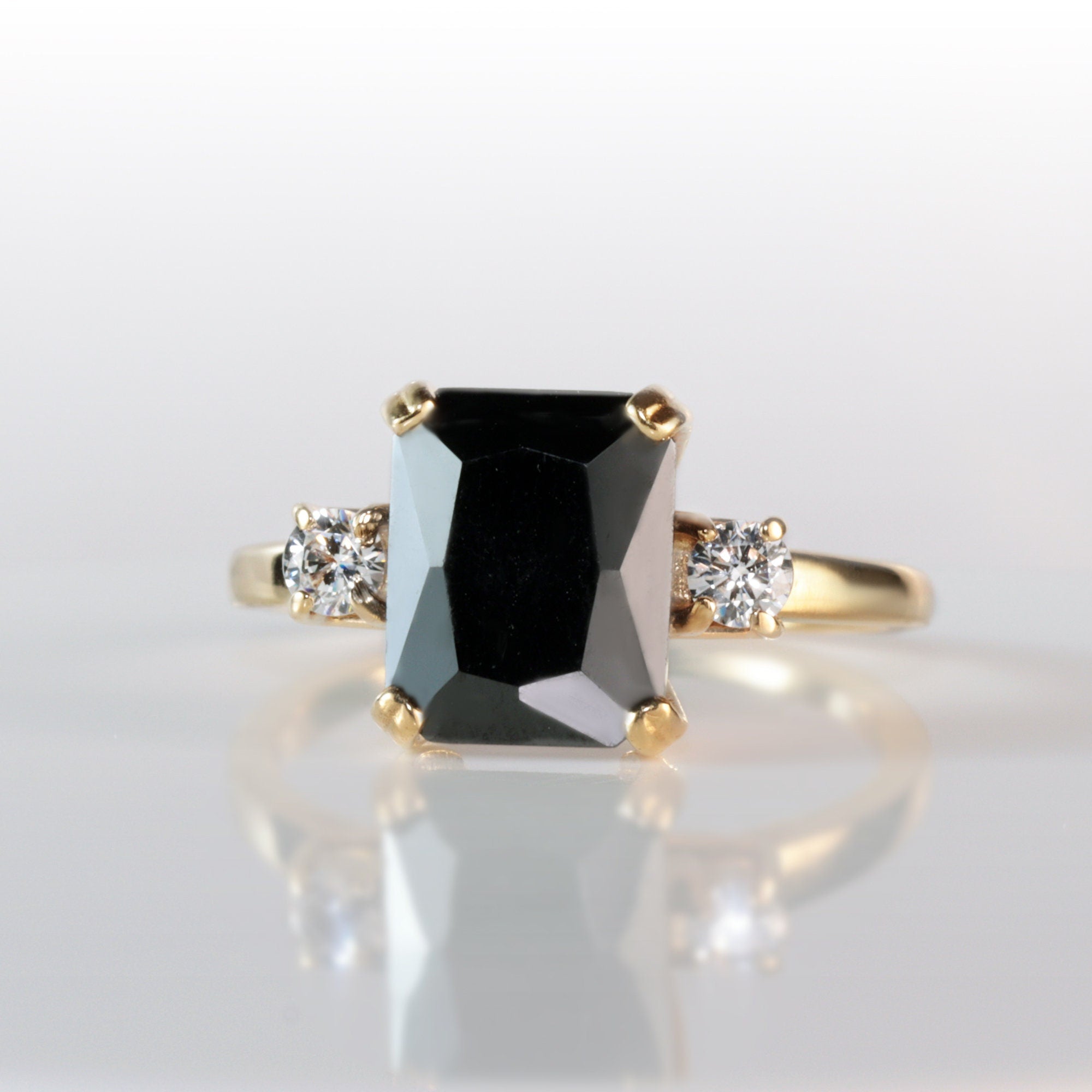 Black Onyx Ring - December Birthstone - Octagon Black Onyx Ring with Quartz Accents - H.L.Jewelry