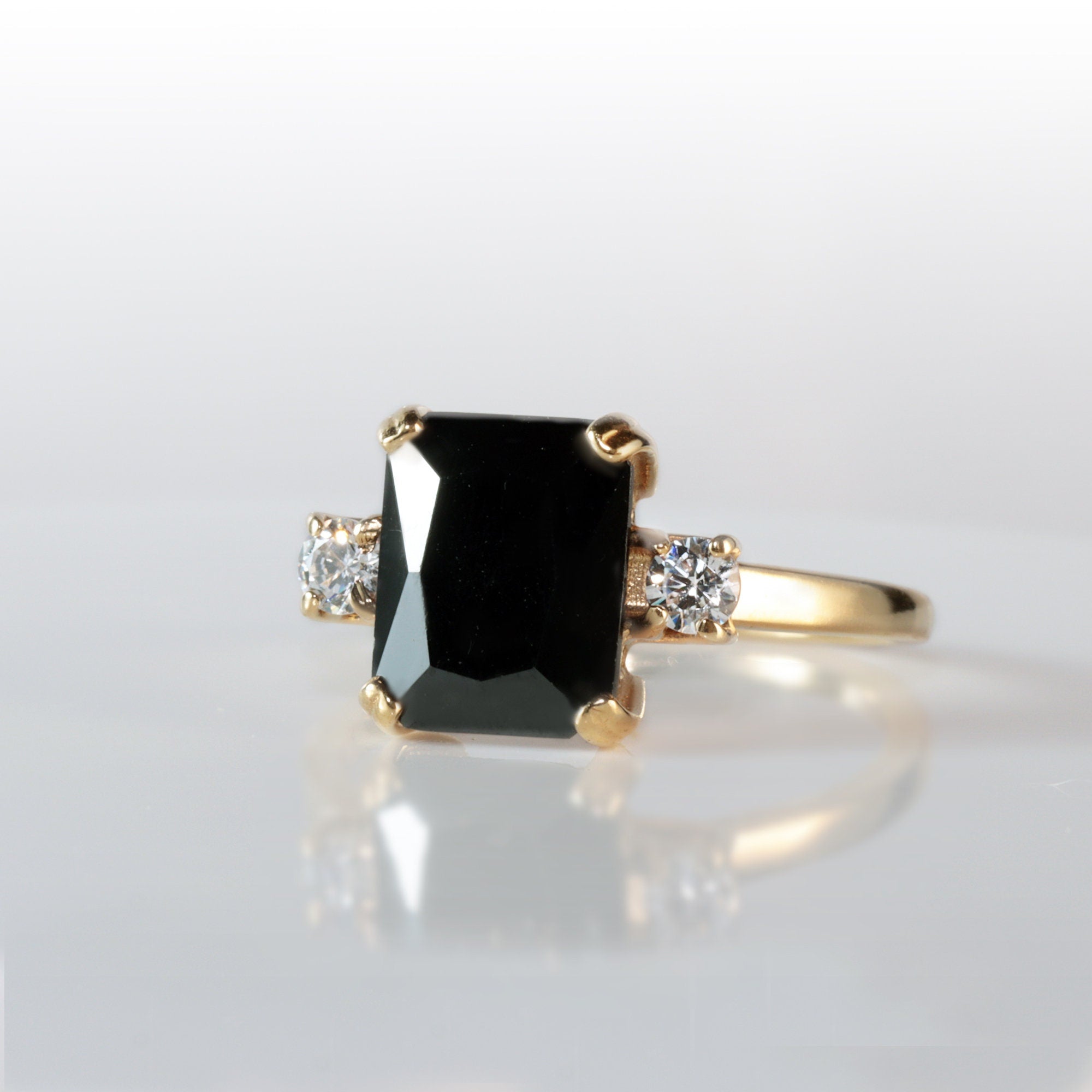 Black Onyx Ring - December Birthstone - Octagon Black Onyx Ring with Quartz Accents - H.L.Jewelry