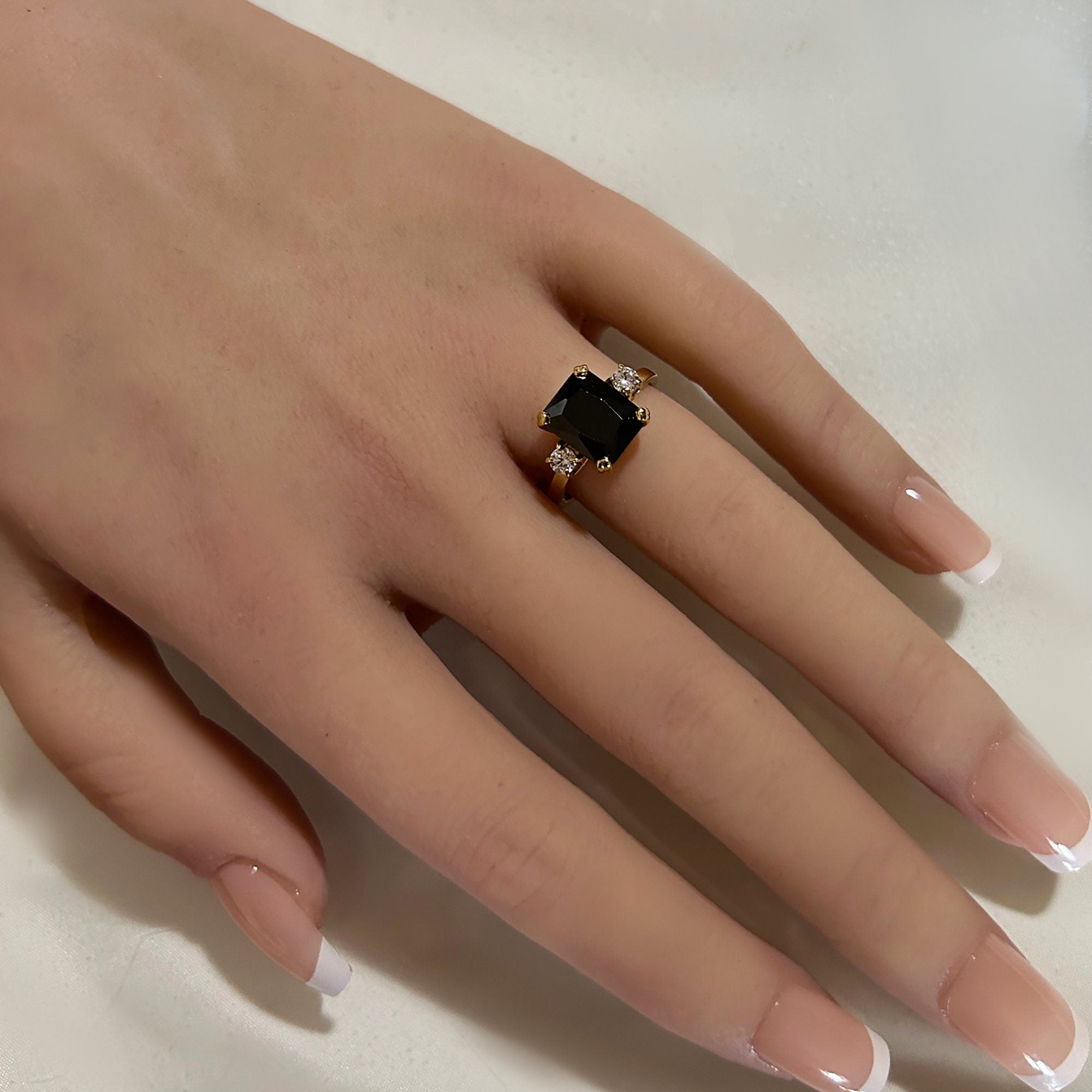 Black Onyx Ring - December Birthstone - Octagon Black Onyx Ring with Quartz Accents - H.L.Jewelry