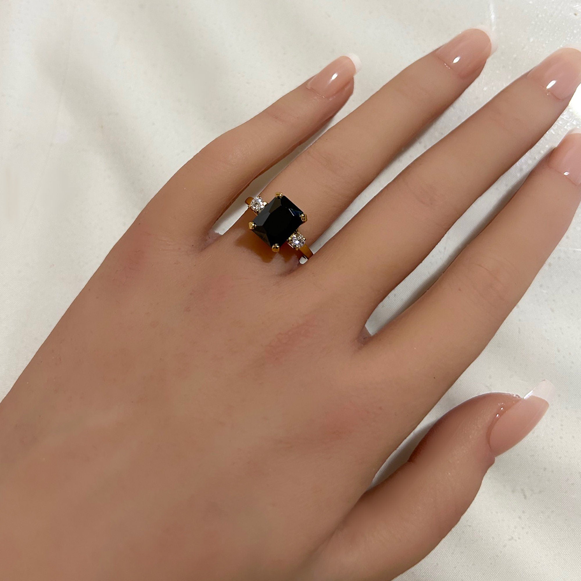 Black Onyx Ring - December Birthstone - Octagon Black Onyx Ring with Quartz Accents - H.L.Jewelry